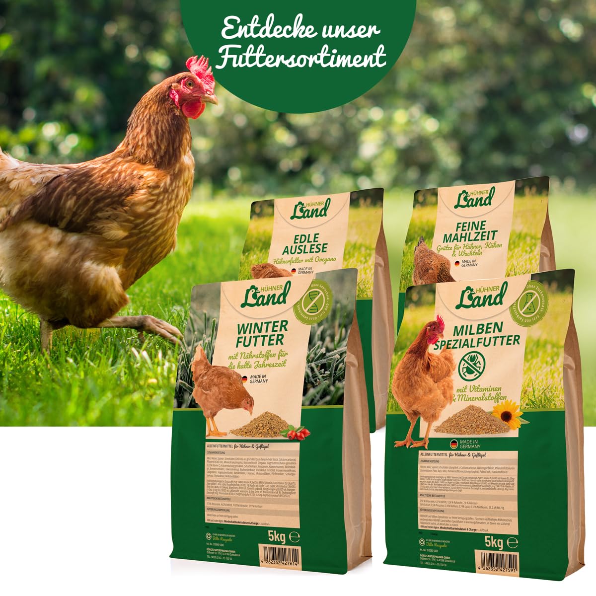 HÜHNER Land Milben-Spezial Hühnerfutter mit Vitaminen & Mineralstoffen 10kg - Ohne Farbstoffe & Zuckerzusätze, Premium Körner- und Saatmischung, Abwechslung Hühner Alleinfutter