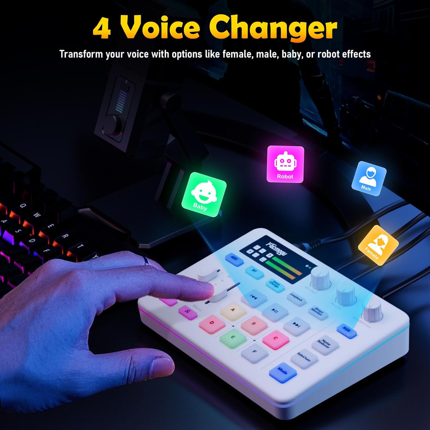 Facmogu G9 Audio Mixer demonstrating voice changer effects