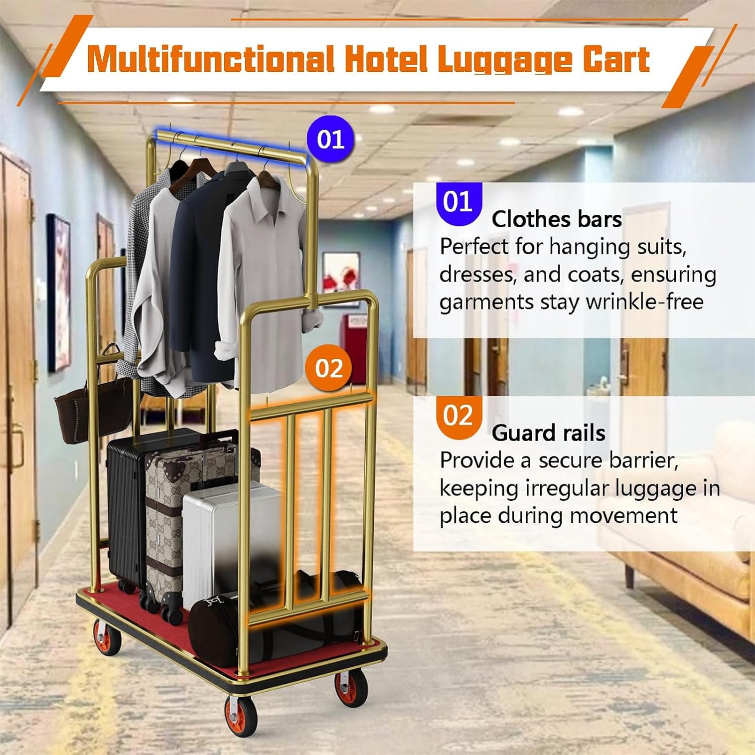 Carro De Equipaje para Hotel (42" X 24") con Ruedas De 6" Gold