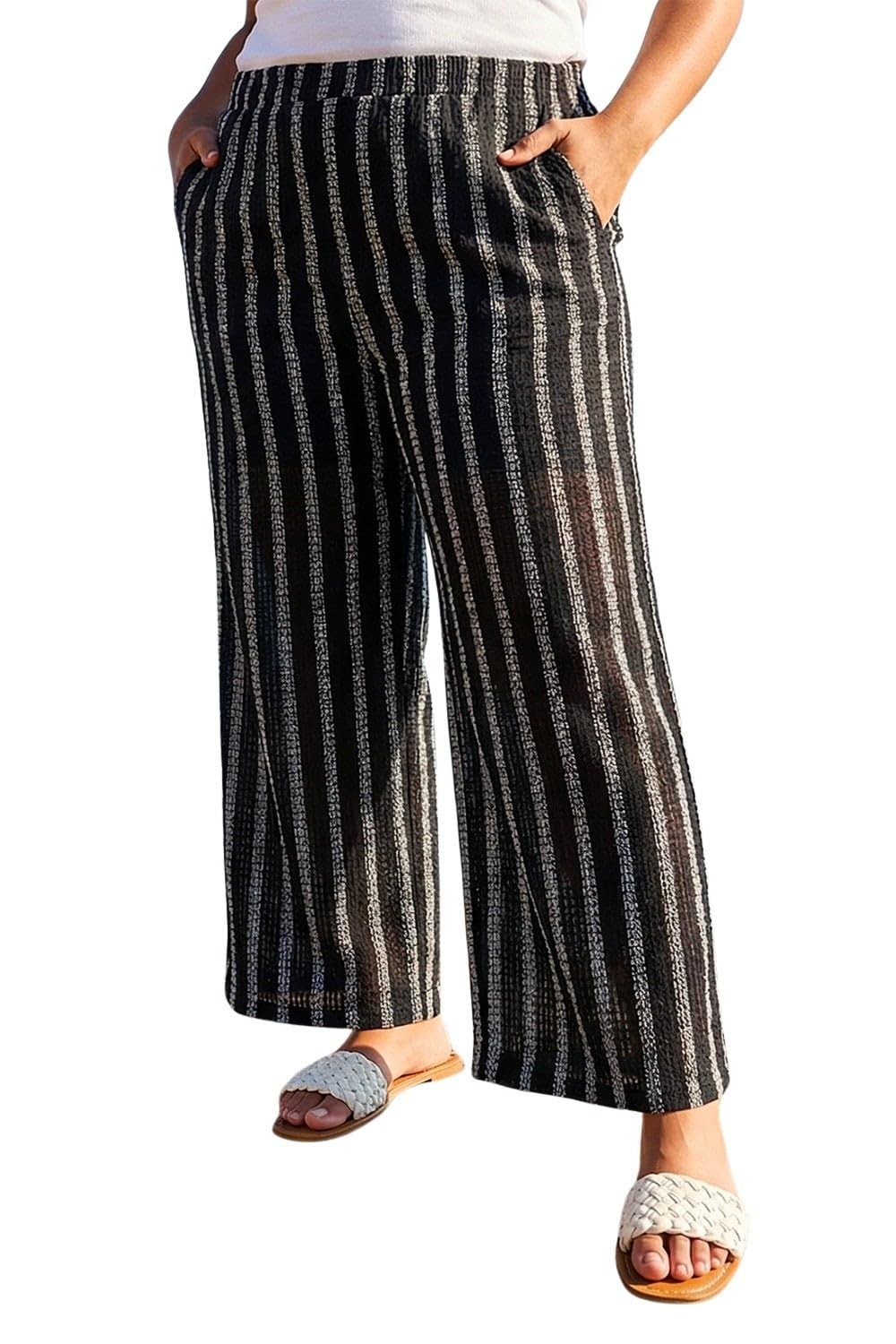 Roman Women's Black Curve Stripe Knit Wide Leg Trouser In Size 20