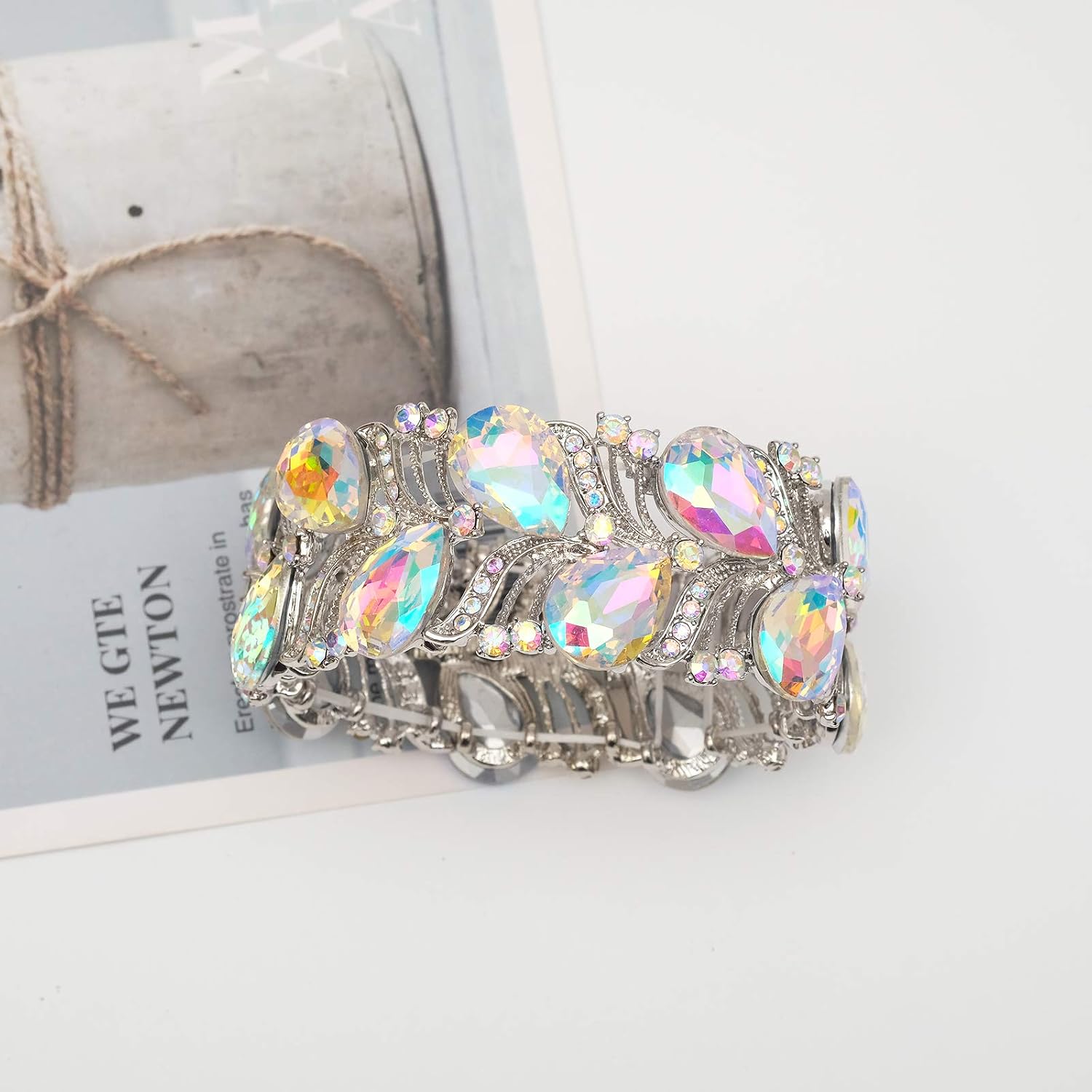CSY Elegant Stretch Bangle Bracelets Bridal Art Deco Teardrop Crystal Elastic Wide Statement Bracelet for Women Party Prom image 4