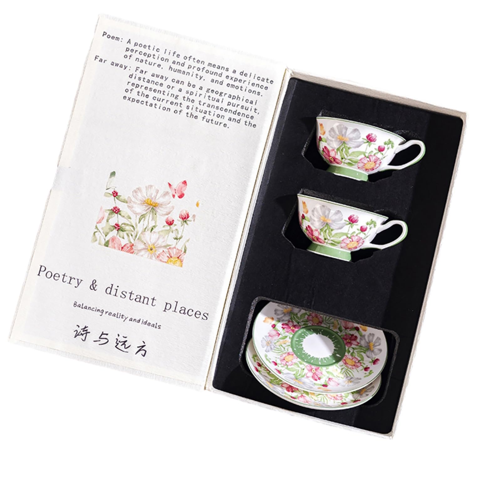 Zestaw ceramicznych filiżanek i spodków, 236 ml, porcelana kostna, kwiatowy styl retro, kawa i herbata, zestaw 2 szt