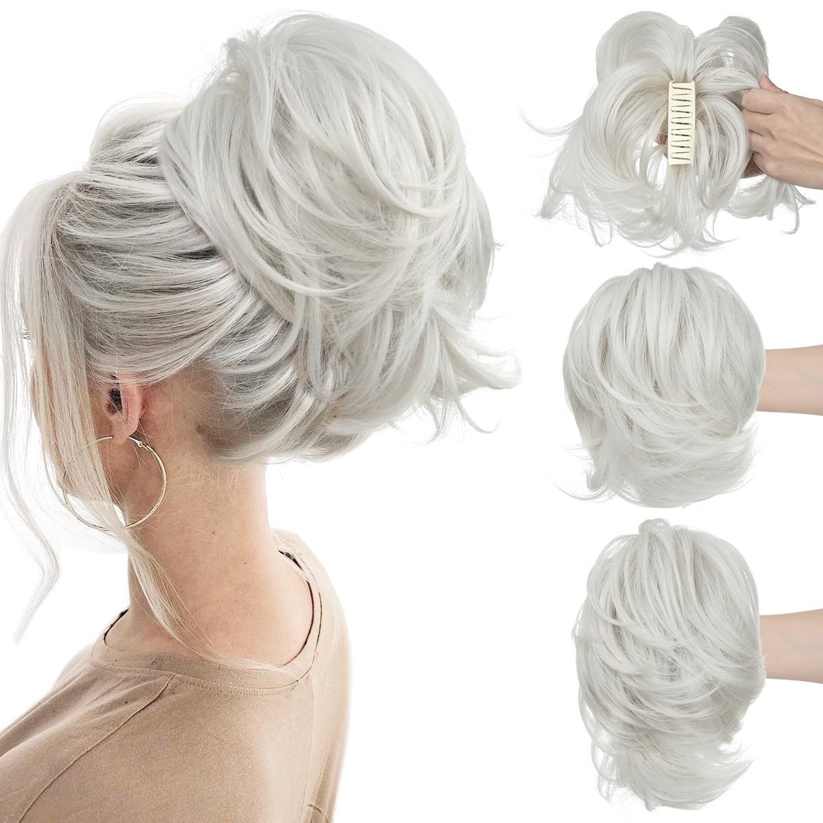 CJL HAIR Extension per capelli corti con clip a coda di cavallo fai da te in metallo pieghevole per chignon disordinato per capelli sintetici lisci bianchi