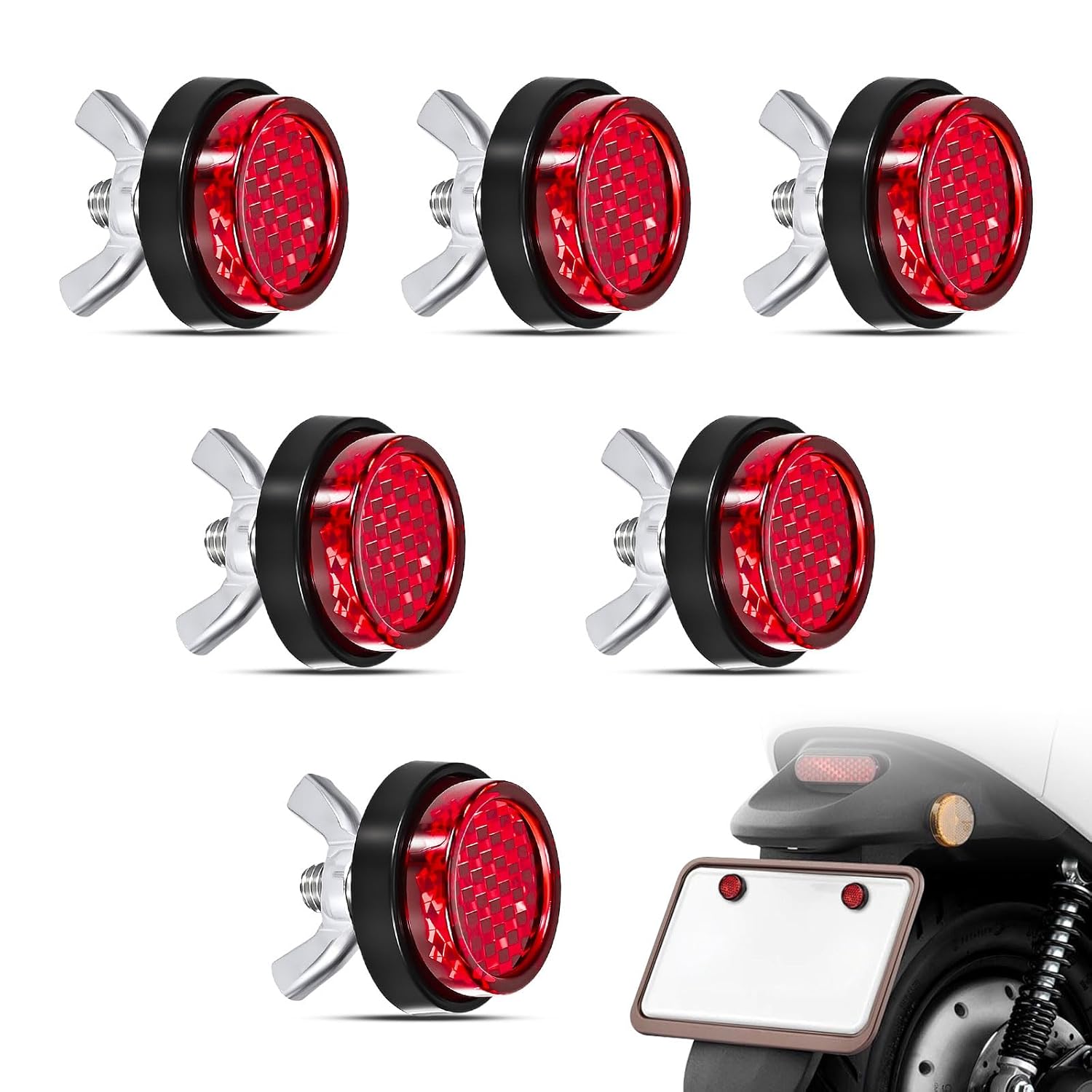 Red Reflector Motorcycle License Plate Brackets Bolts and Nuts, 6PCS Warning Reflective Screws, Bright License Plate Bolts, Round M5 Tag Screws