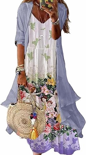 Conjunto casual de dos piezas para mujer, vestido largo para invitados de boda, vestido de verano con estampado floral y cárdigan de gasa fluido,