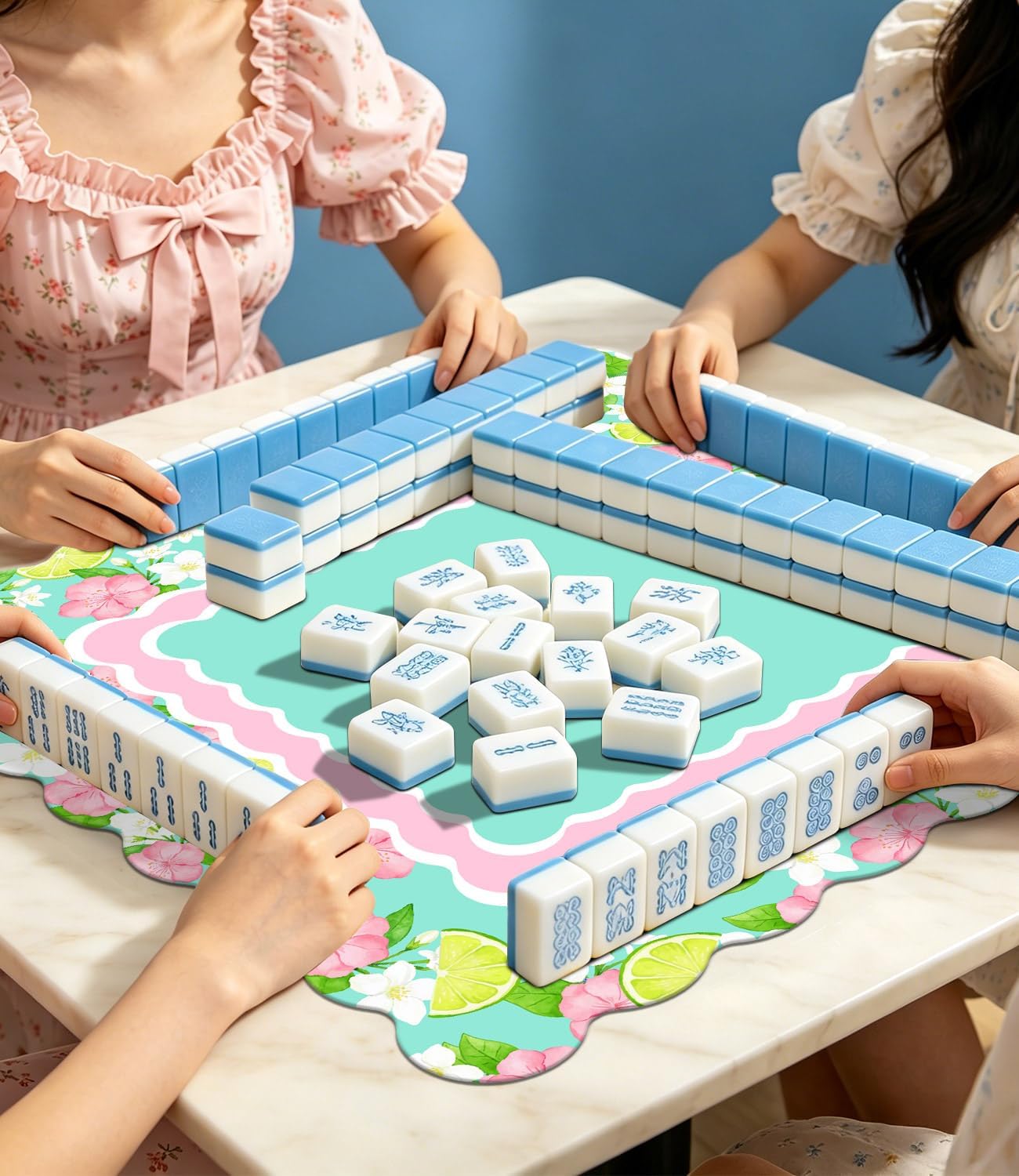 22 inch Mini Mahjong Mat for Travel Set, Lemon Mahjong Game Mat, Anti Slip Noise Reduction Rubber Backing, Domino & Tile Game Mahjong Accessories Gifts , Foldable Surface & Carry Bag(Pink)