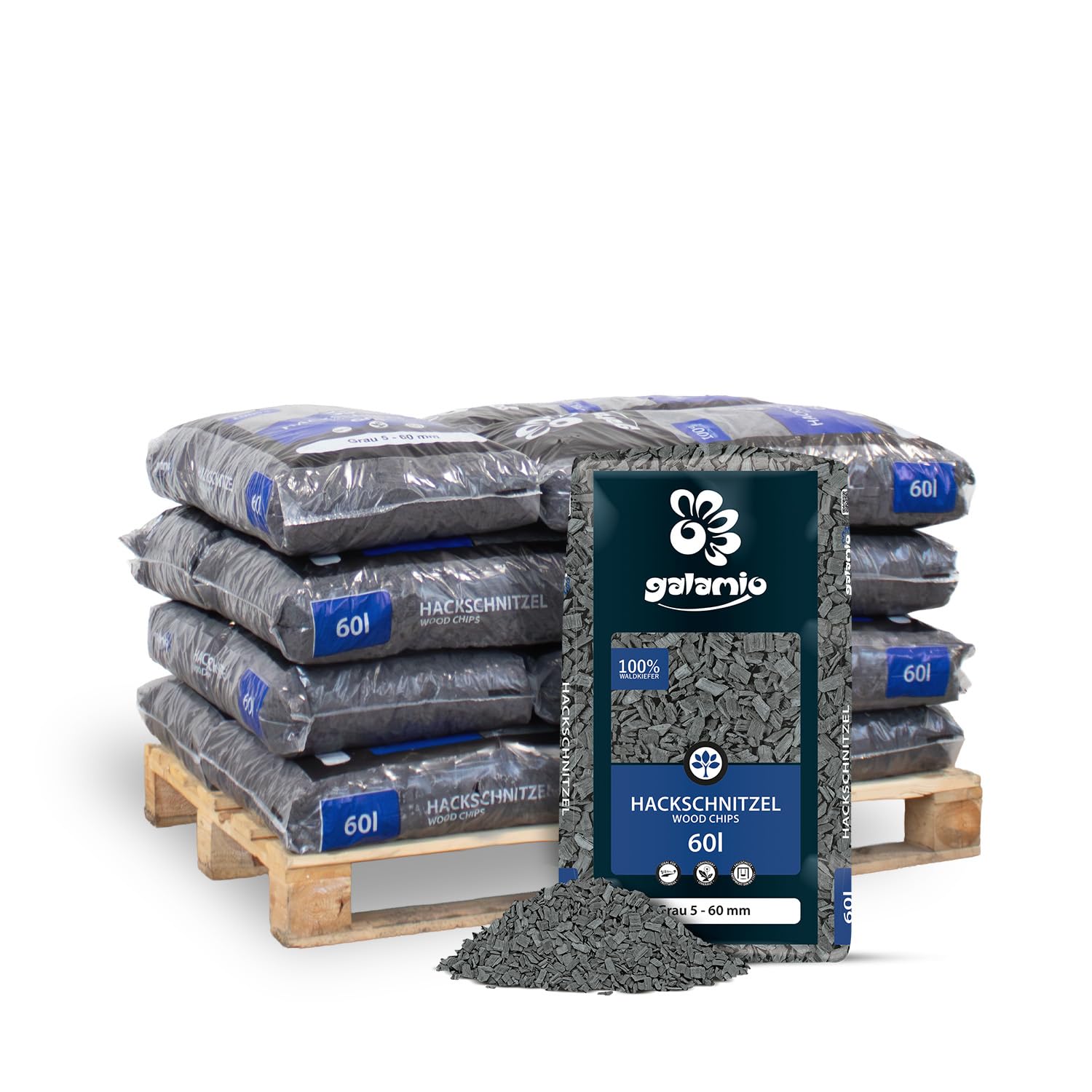 GALAMIO Holzhackschnitzel Grau Kiefer 5-60 mm- 720L (12 x 60L) - Farbiger, natürlicher Unkrautschutz