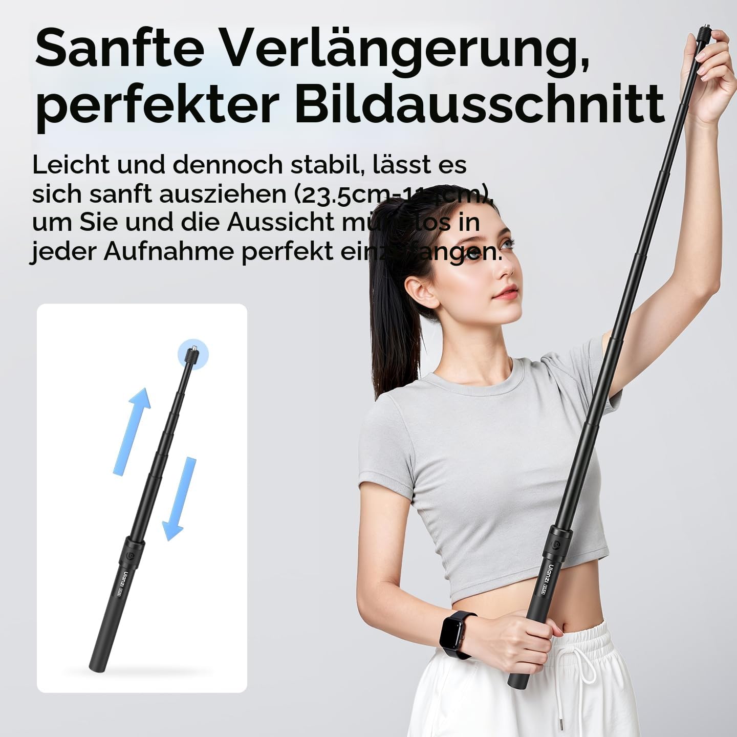 Ulanzi VL04 Selfie Stick für Insta360 x5/4/3, für DJI Pocket 3/Osmo Action 5/4/3 mit Klettverschluss-Schultergurt, ausziehbarer Einbeinstativstab für GoPro Action Kamera, handlicher Reisestab