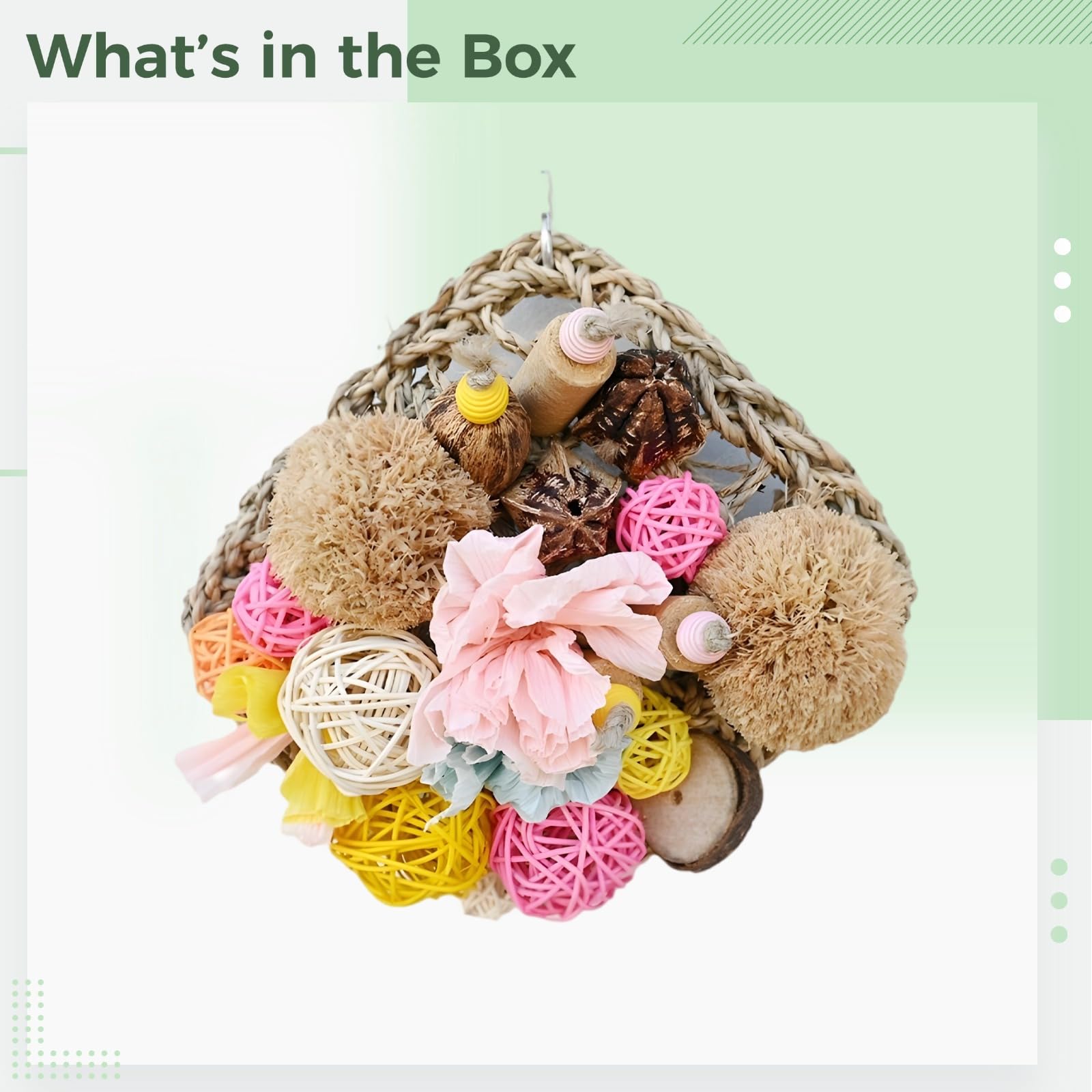 Jouets à Mâcher pour Perroquets, Jouets Naturels de Fouillage pour Oiseaux avec Épis de Maïs, Fruits, Boules de Lianes, Jouets Colorés pour Perroquets