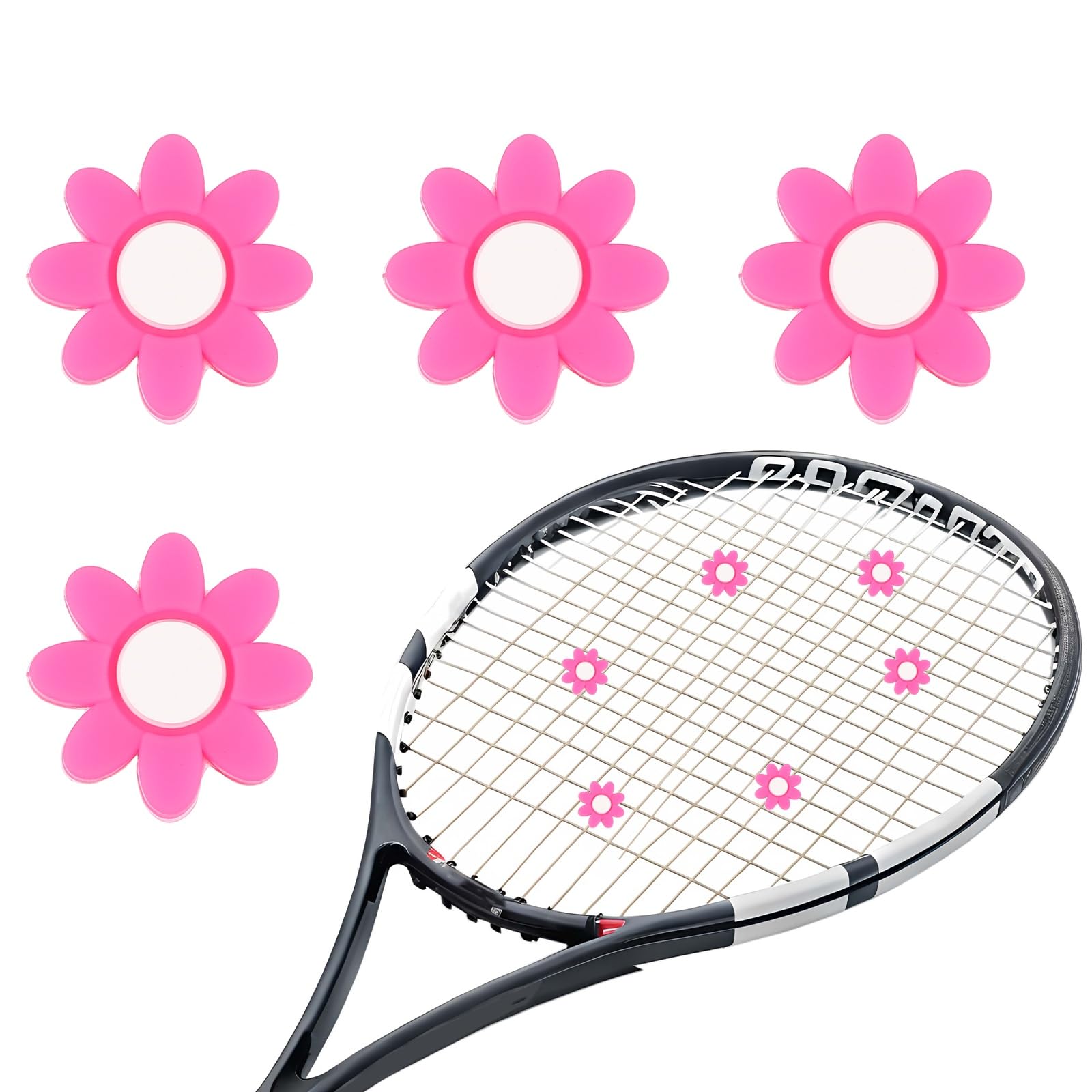 YELARXI Tennis Dampener, Flower Silicone Tennis Racket Dampeners Racket Shock Absorber Reduce Vibration Soft Cute Fit for (Players/Universal Fit for All Racquets) 4Pcs & Fluorescent Pink