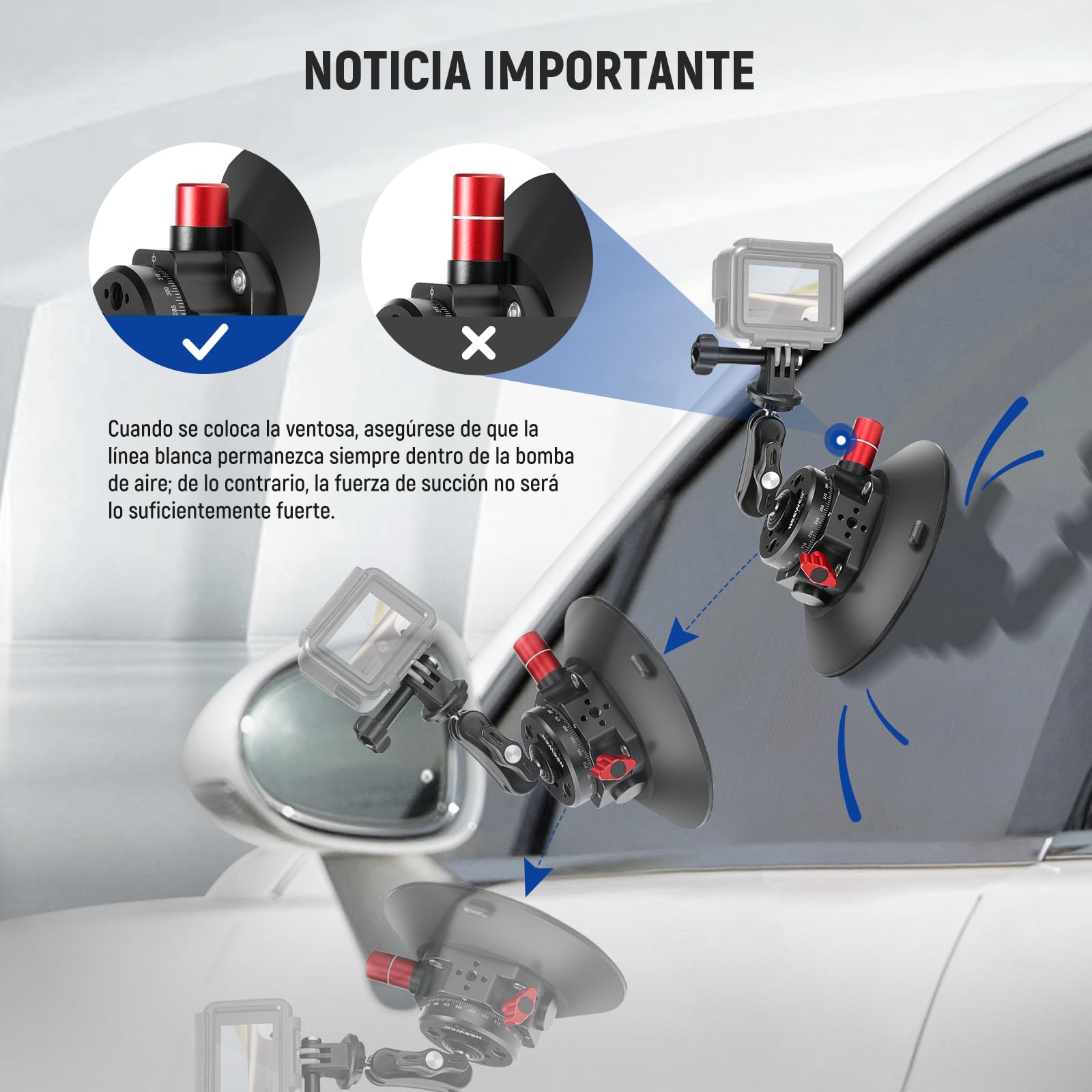 NEEWER 6"/15.2cm Soporte Ventosa Cámara con Brazo Mágico Cabezal Esférico, Metal Suction Cup Mount Parabrisas Coche, Ideal para Action Camera/Phone Holder con 1/4" & 3/8" Orificios para ARRI