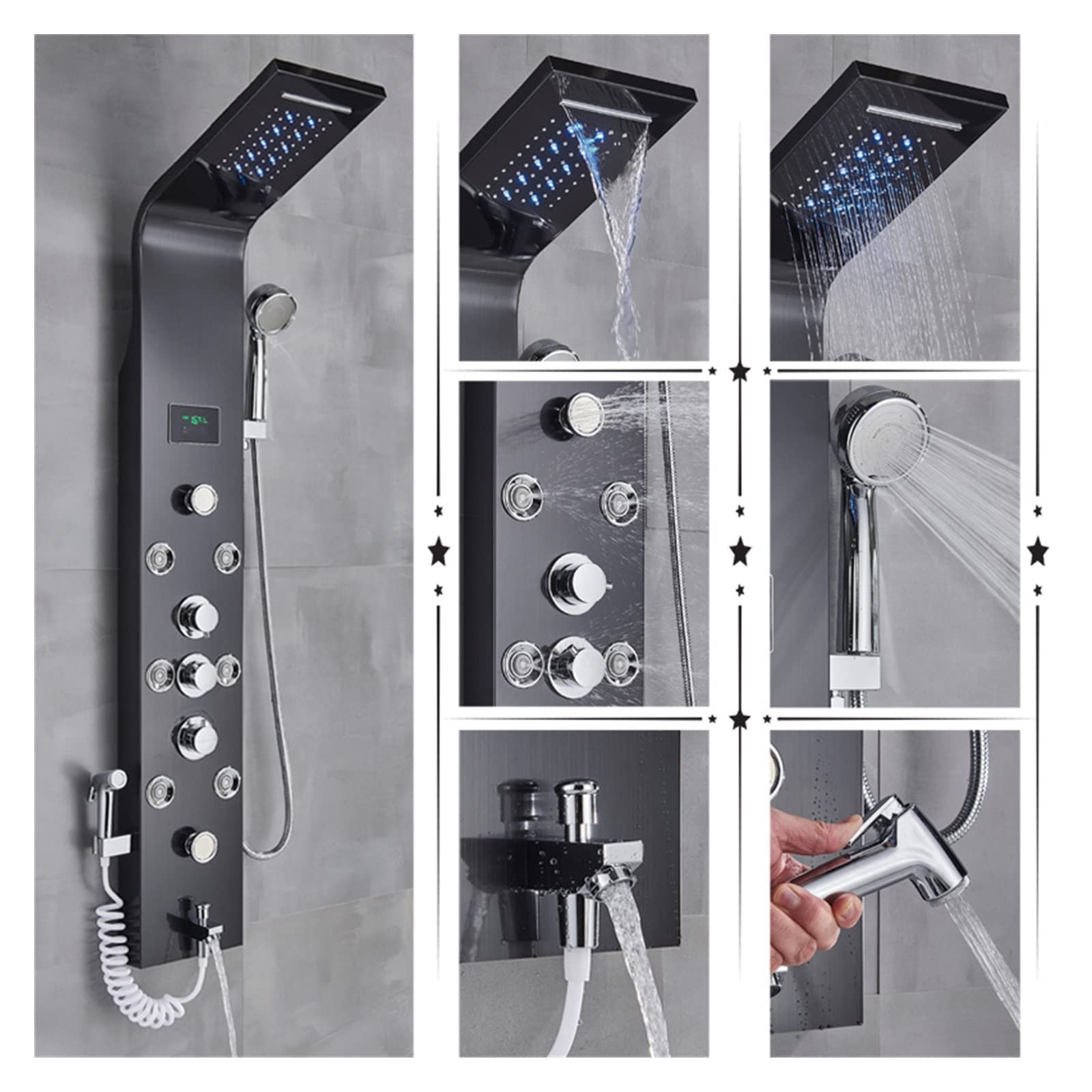 CVFRDD Luxury Black/Brushed Bathroom Shower Faucet LED Rainfall Shower Panel System Bathtub Mixer Tap Massage Spa Temperature Screen(Black A)