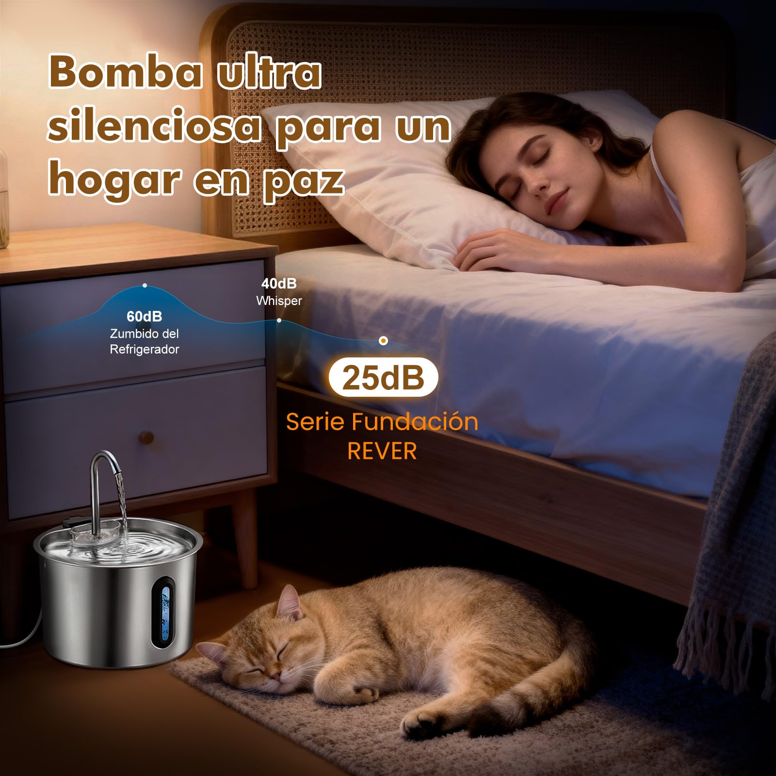 Fuente para Gatos Acero Inoxidable 2,2 L – Rever E101 Fuente de Agua para Gato con Ventana Visible y Bomba Ultra-silenciosa, Sistema de Multi-filtración, Bebedero Gatos y Animales Pequeños (Plata)