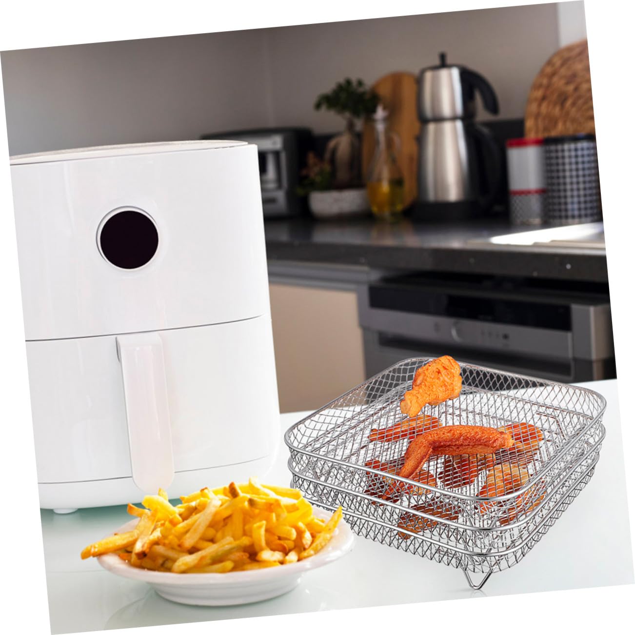 3 Stück Stapelbares Edelstahl Grill und Dörrrost für Heißluftfritteuse Quadratischer Bratrost Langlebiger Airfryer Einsatz für Backofen und Dämpfen