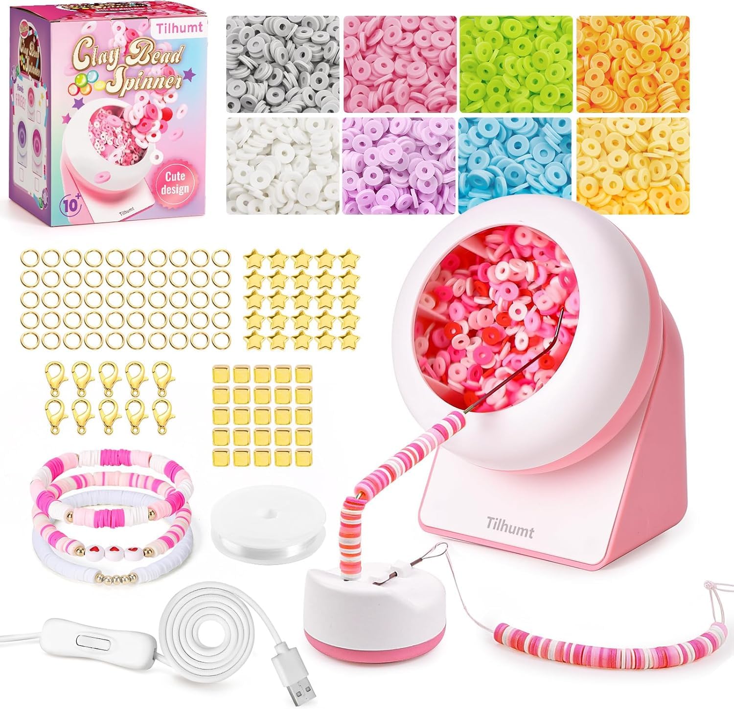 TilhumtBead Spinner with Clay Beads, Gift Beading Set for Girls, 2112Pcs Bracelet Making Kit with Electric Bead Spinner for Jewelry Making, Automatic Bracelet Maker for Making Friendship Bracelets