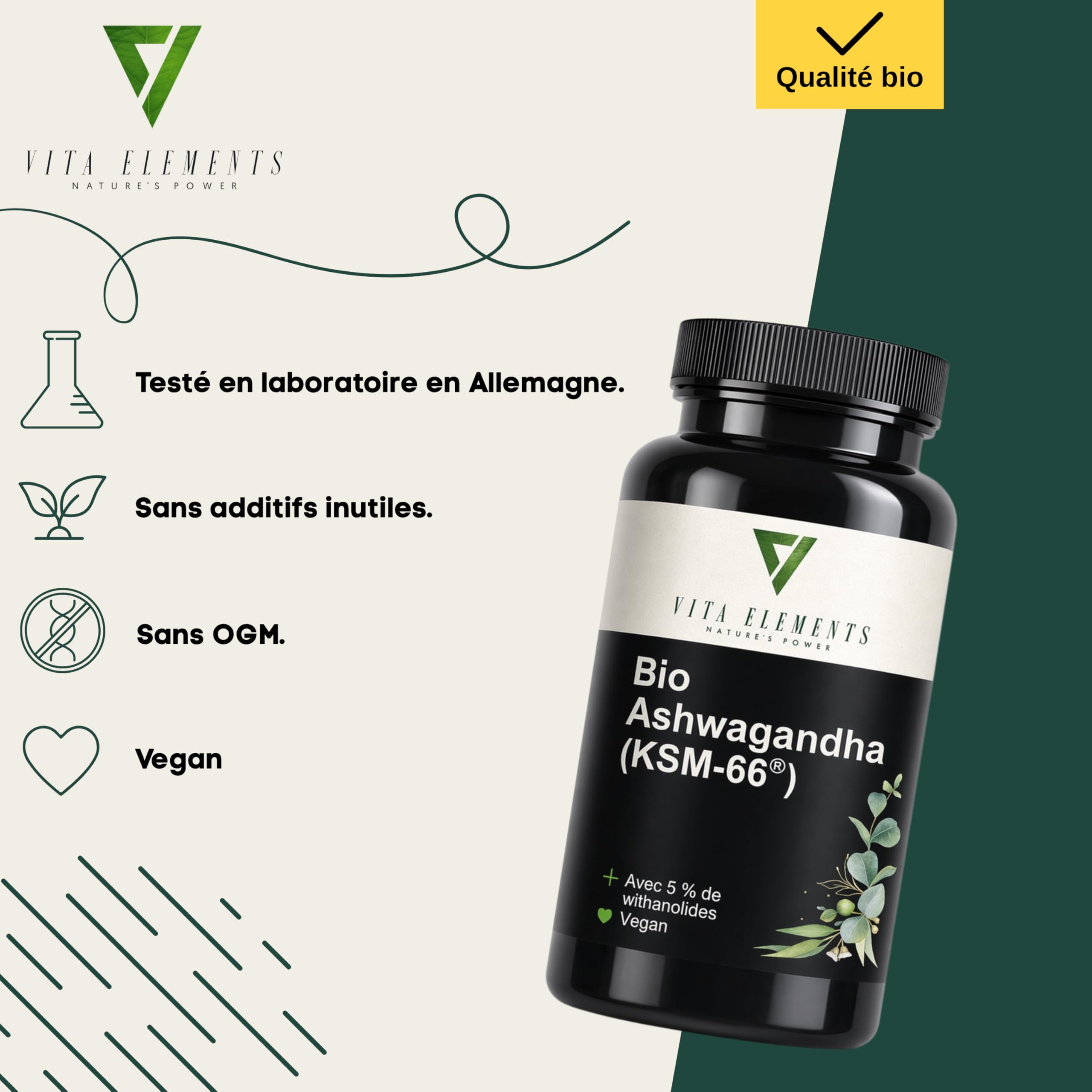 Vita Elements Bio-Ashwagandha - Extrait de Racine - 180 Gélules - 5% Withanolides - Haute Concentration, Vegan & Biologique - Testé en Laboratoire (5)