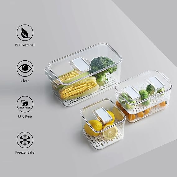 elabo Fridge Fruit Storage Containers, 3 Pack Lettuce Keeper Produce Saver