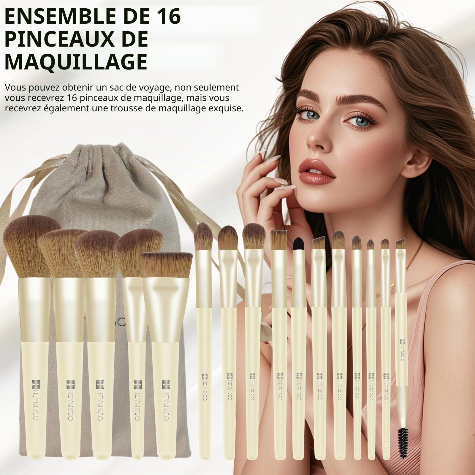 HEYMKGO Set de pinceaux de maquillage 16 pièces avec sac en velours, pinceaux professionnels pour fond de teint, correcteur et visage avec poignée en bois - Set complet pour maquillage parfait