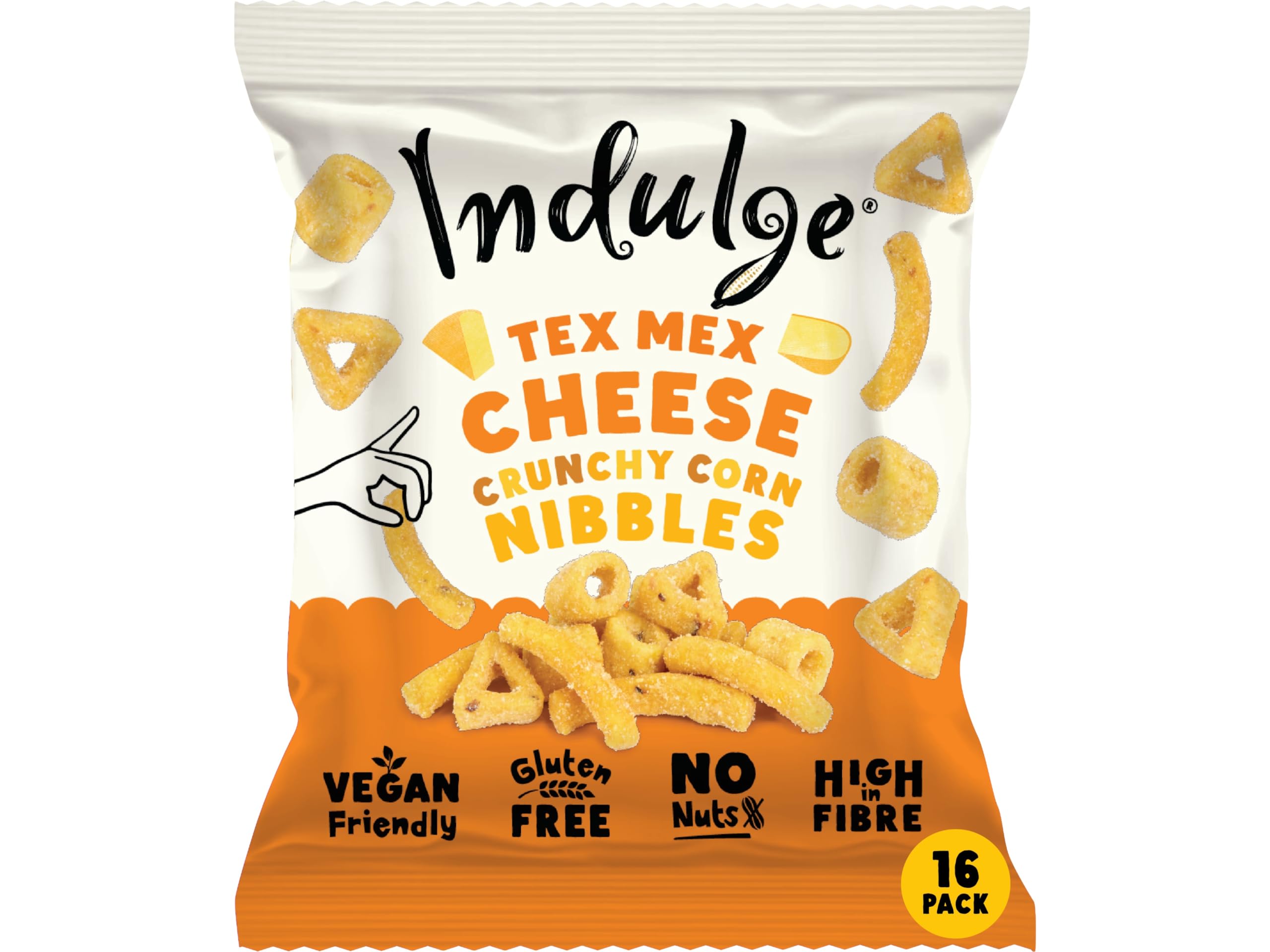 Indulge - Crunchy Corn Nibbles - Tex Mex Cheese Flavour - Gluten Free, Low Salt, Low Fat, Nut Free, Vegan - 20g x 16 bags (20g (Pack of 16), Tex Mex Cheese)