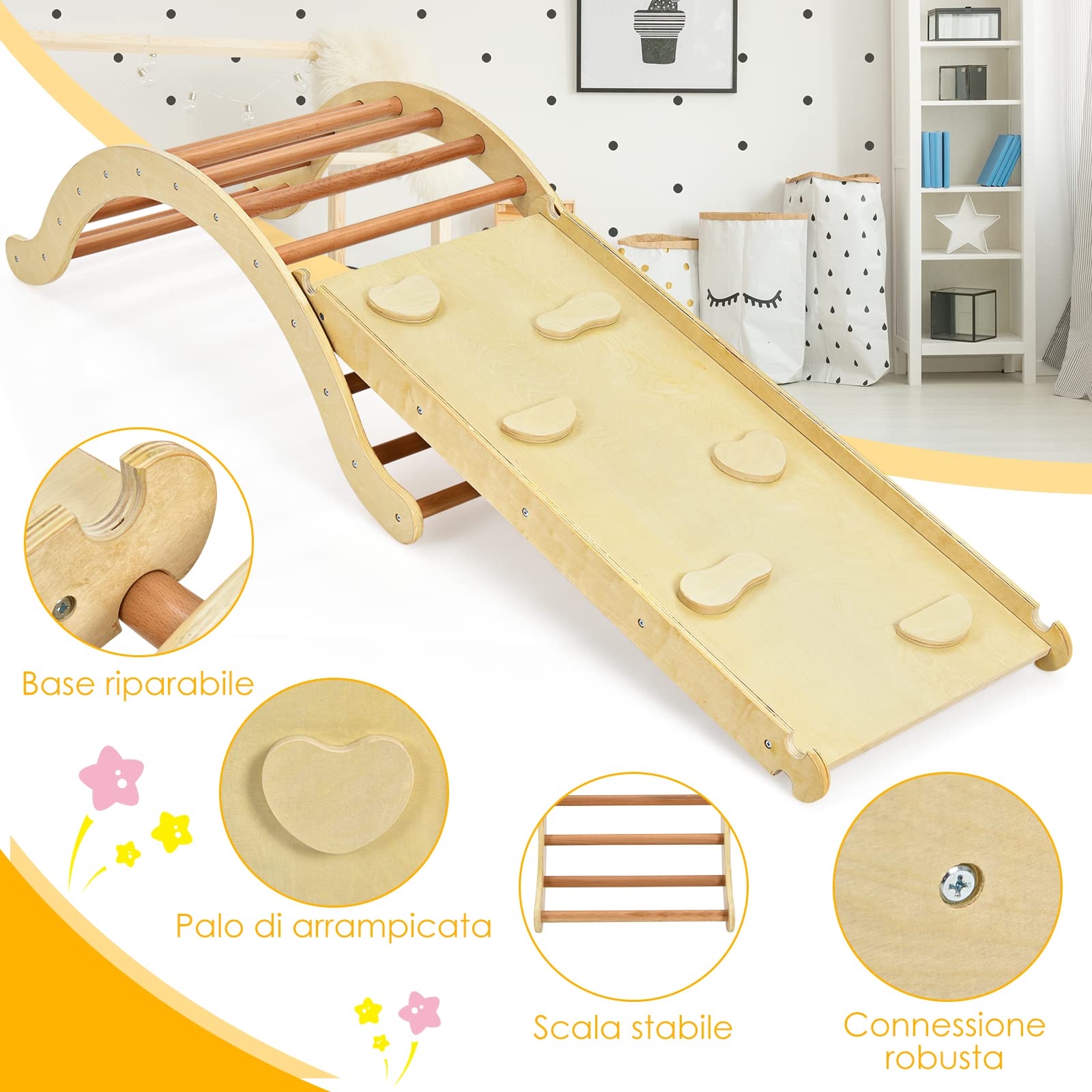 COSTWAY 4 in 1 Set da Arrampicata per Bambini, Scala Giochi Arrampicata con Tappetino, Scala a Volta Versatile per Arrampicarsi e Scivolare, Carico 60 kg (Naturale)