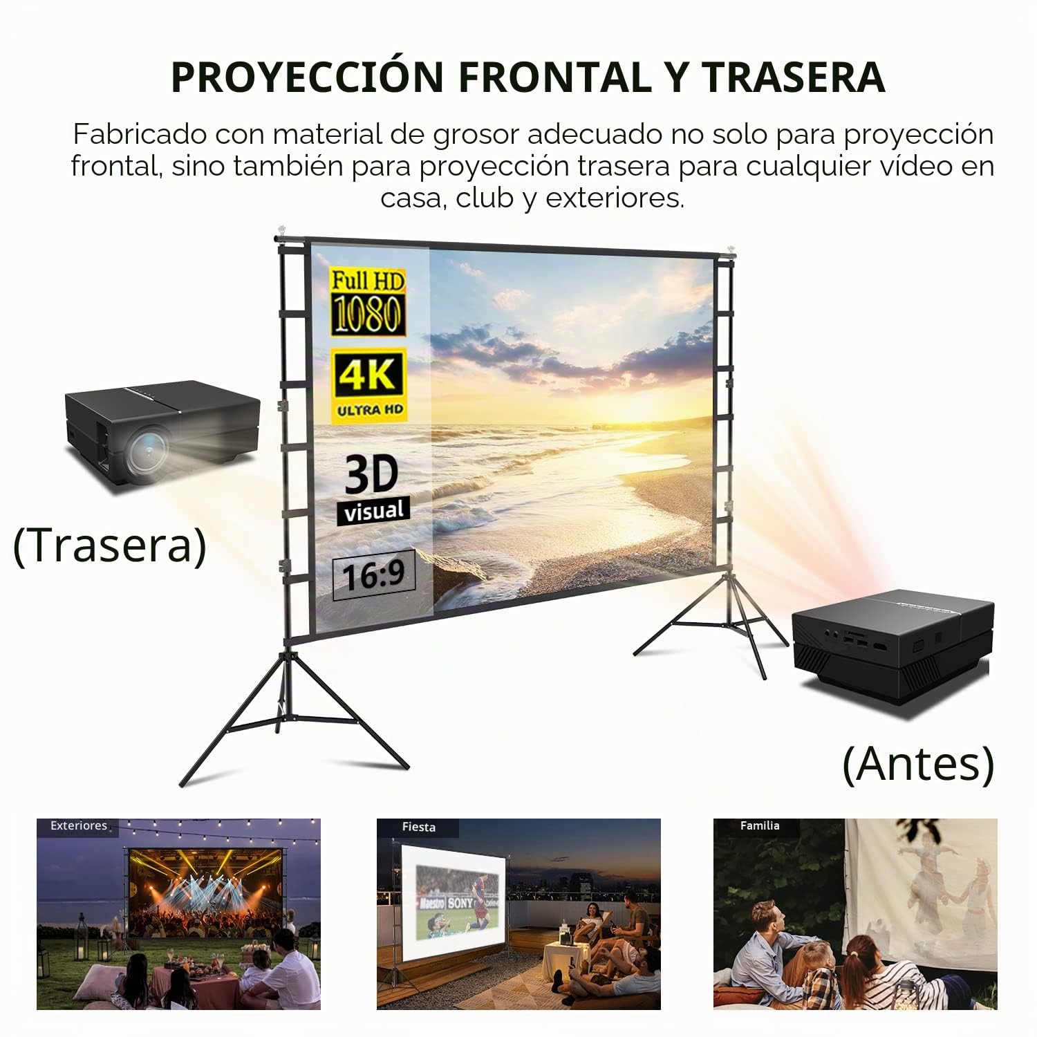 Pantalla de proyector con Soporte, 120 Pulgadas 16:9 para Cine en casa, Fiesta Interior al Aire Libre, Cine en el Patio Trasero.