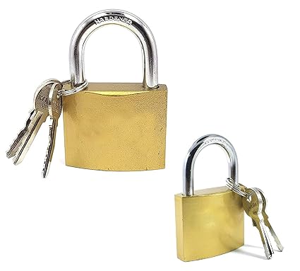 IndusBay Set of 2, Brass Padlock, 32 MM and 50 MM Stainless Steel Lock with 3 Keys, Ideal for Suitcase, Home shutters Cabinet