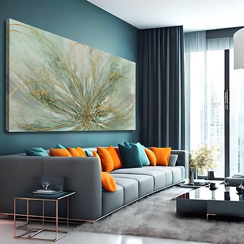 Miniatura 6 de YJYart Arte abstracto para pared, pintura al óleo pintada a mano verde y dorado, pintura al óleo botánica de flores, imagen grande para sala de