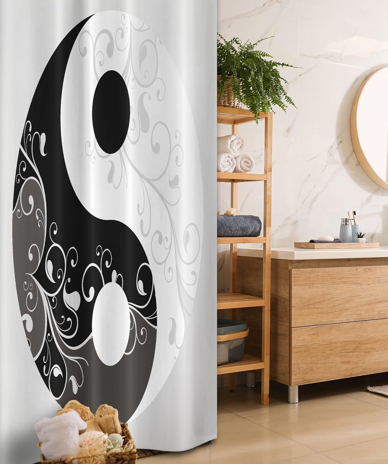 Ambesonne Ying Yang Stall Shower Curtain, Floral Design Swirling Branches Leaves Pattern Flow of Energy Cultural Graphic, Fabric Bathroom Decor Set with Hooks, 36" W x 72" L, Black White