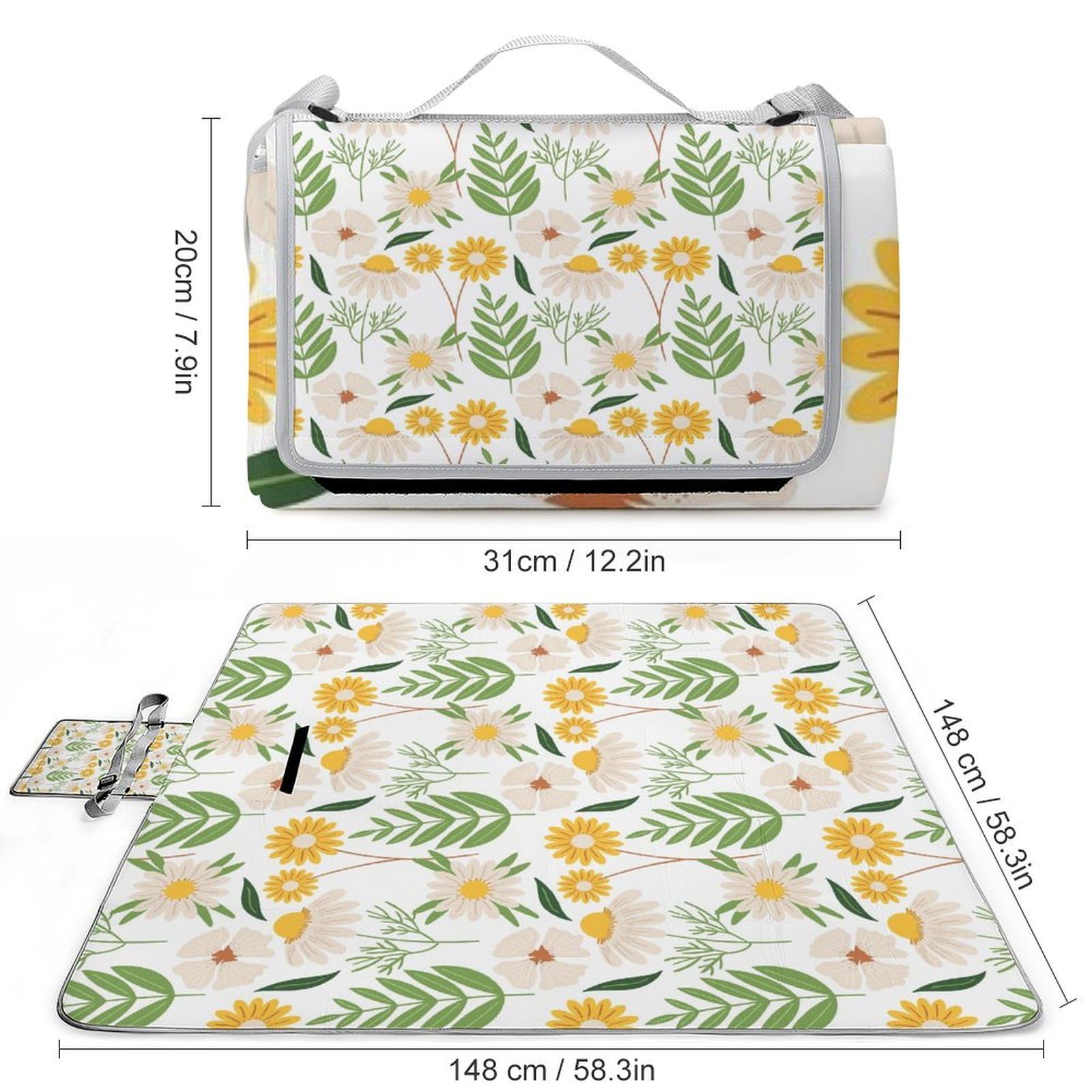 3D Impression Fleurs Couverture Pique Nique Tapis De Plage Anti Sable Tapis Plage Tapis Picnic pour Jardin,Nappe, BBQ, Randonnée 148x148cm