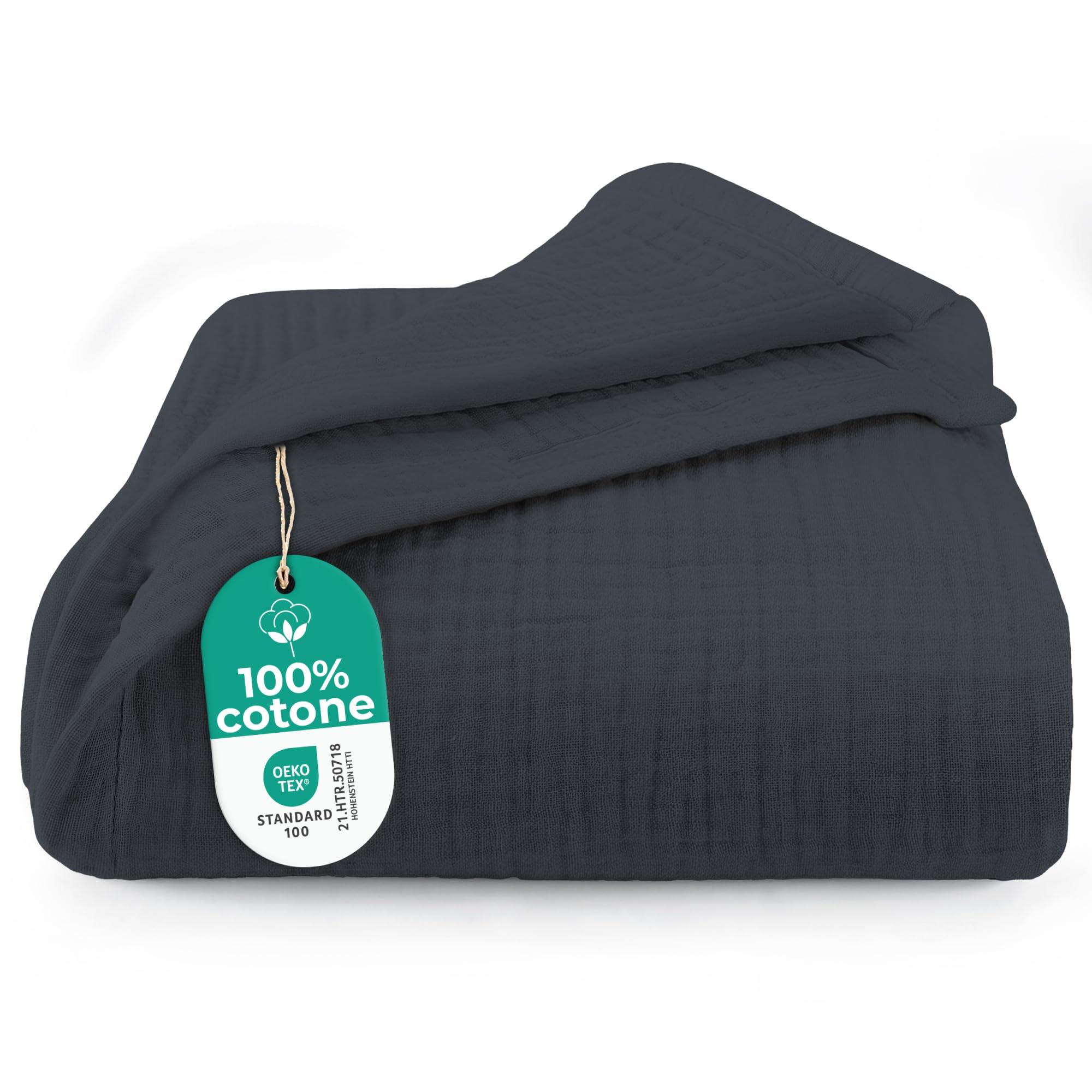 Dreamzie Coperta leggera in mussola 220x240 cm – 100% cotone – Coperta divano estiva e plaid traspirante – Copriletto leggero in garza di cotone certificata Oeko-Tex – Antracite