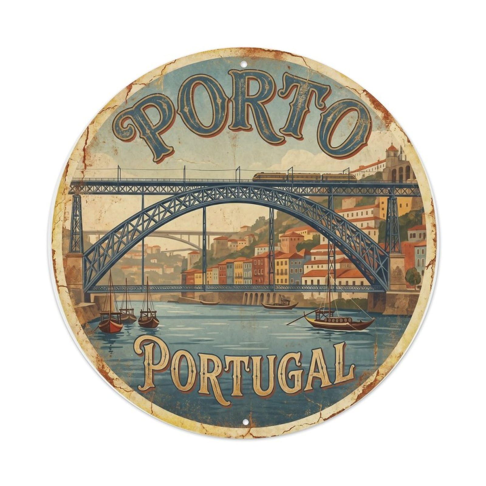 Vintage Travel Porto Douro River Metal Tin Sign Plaque Wall Decor for Cafe, Club Bar, Office, Home Garden Round Metal Poster 8x8Inch