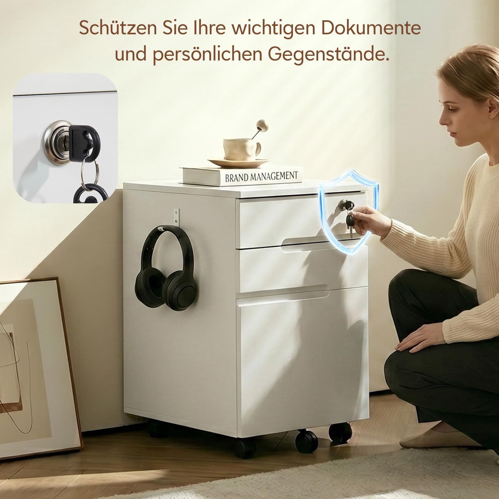 TUKAILAI Rollcontainer abschließbar, Weiß, 40cm | 3 Schubladen, Mobiler Aktenschrank Holz, Auf Rollen und Haken, Für Akten Dokumente, Unterschrank Schreibtisch