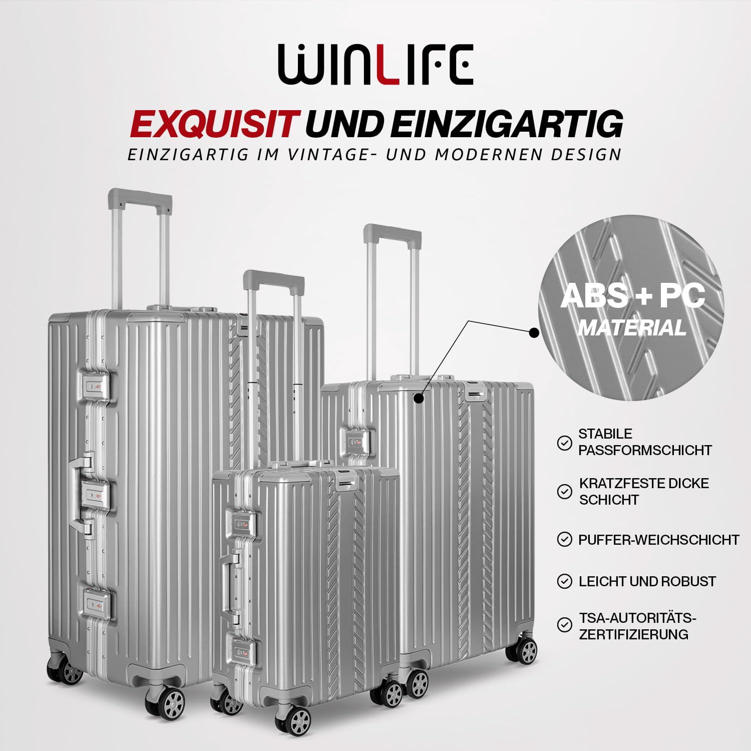 WINLIFE Walizka podróżna w rozmiarze XL, aluminiowa rama z ABS + antracytowa poduszka pod kark i zamkiem TSA, 75 cm, walizka z twardą obudową, duża walizka, kolor srebrny, srebro, XL, 1 x walizka na