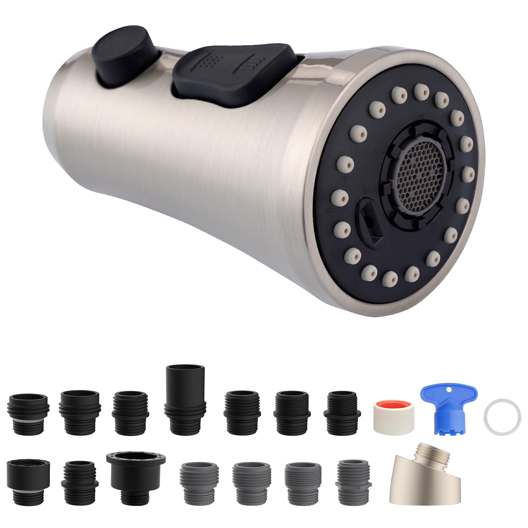 Hibbent Pull Down Kitchen Faucet Head Replacement, 3-Function NSF/ANSI/CAN 61 & CUPC Certified Sink Spray Nozzle, 15 Adapters, Compatible with Moen, Delta, Kohler Faucets, Brushed Nickel