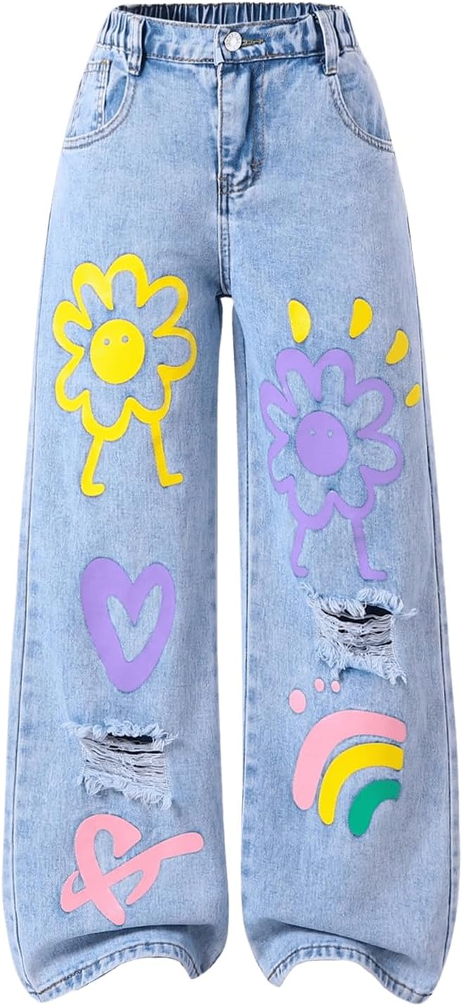 Floerns Girl's Heart Print Cute Ripped Baggy Jeans Straight Wide Leg Streetwear Denim Pants