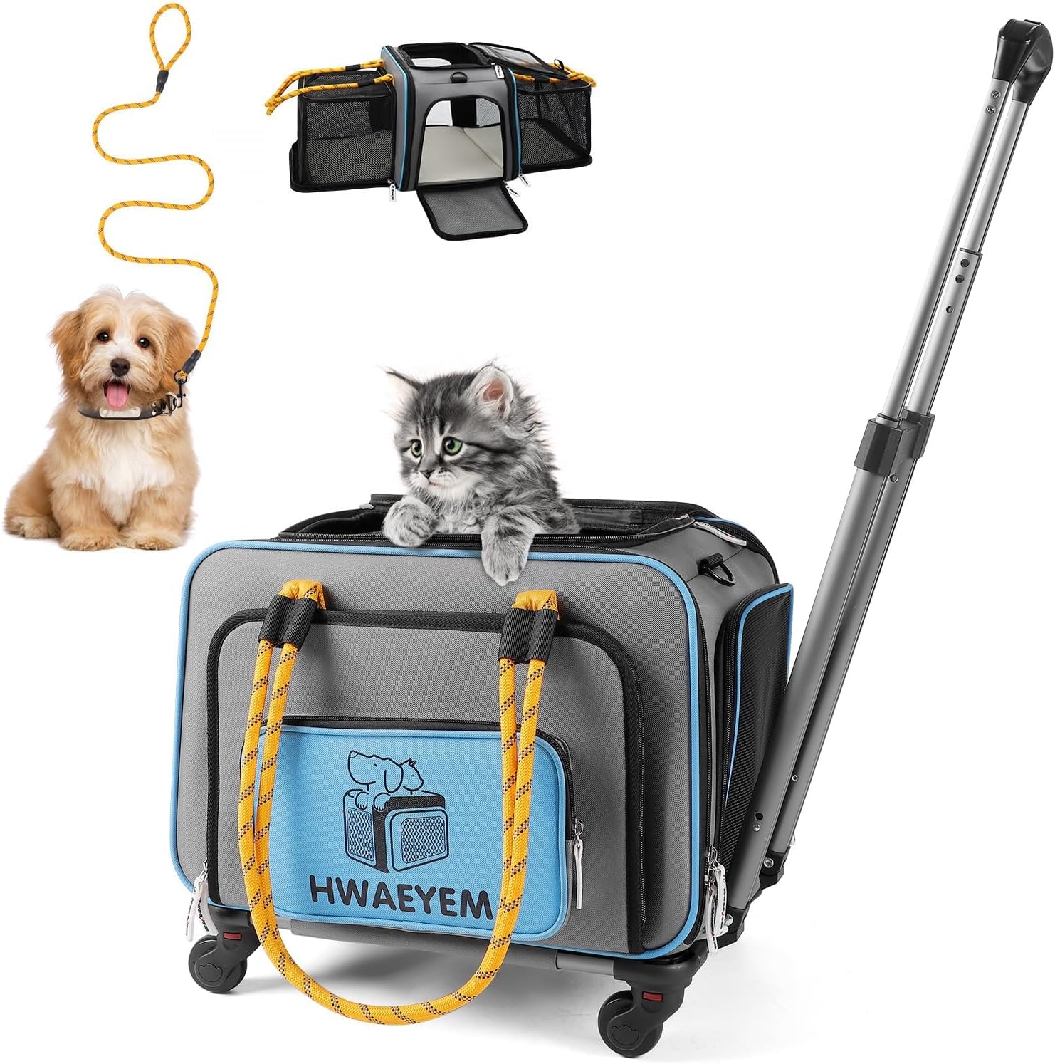 Airline Approved Cat Dog Carrier with Wheels, Pet Travel Carrier Crate for Small Dogs, Soft Cat Carrier Two Sided Expandable for Small Dogs Under 20LBS (18 x 11 x 11 Inches) Blue