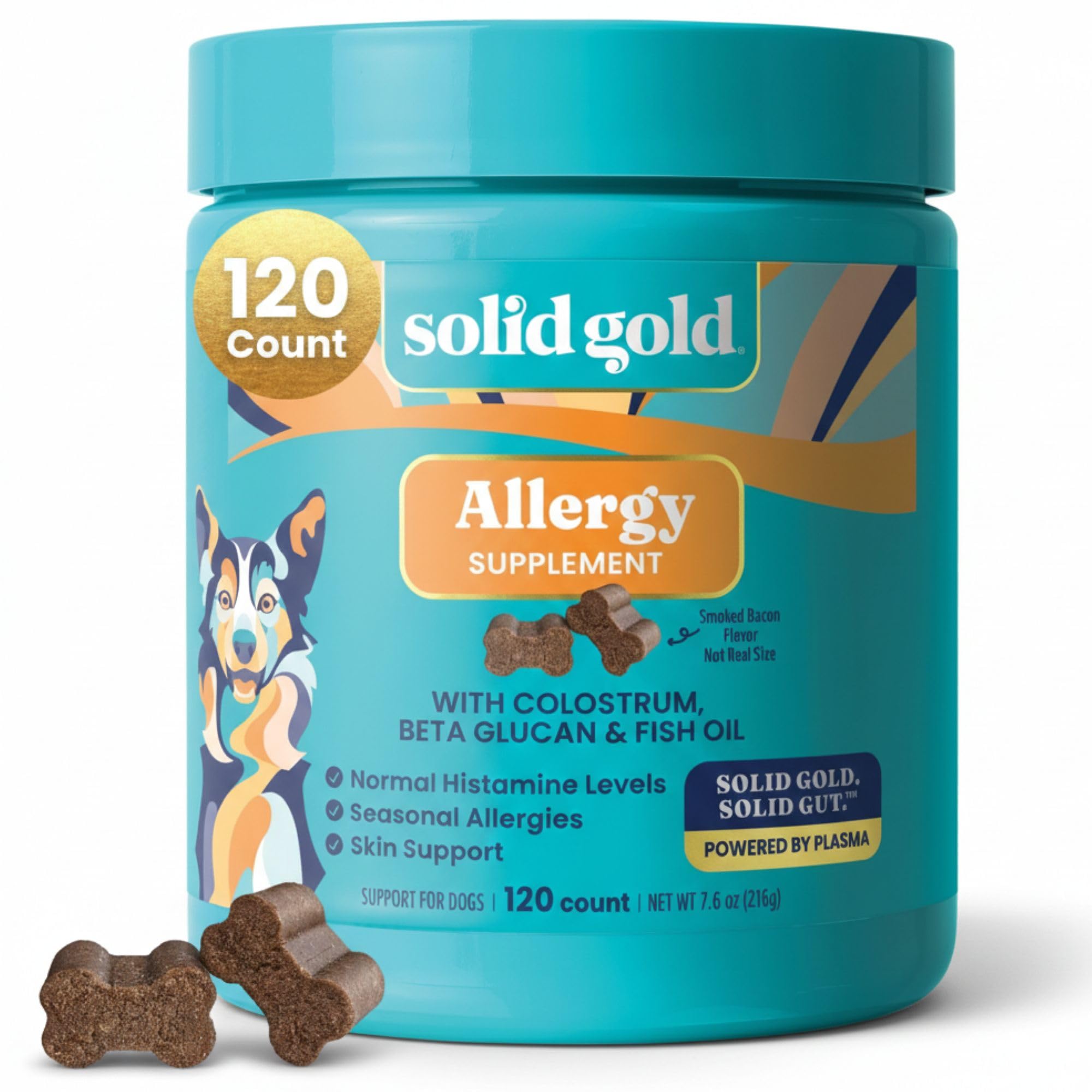 Solid Gold Dog Allergy Relief Chews - Dog Itching Skin Relief & Seasonal Allergies Support - Alaskan Salmon Oil for Dogs Skin, Coat & Immune Support - Bacon Flavor Soft Allergy Chews for Dogs -120ct