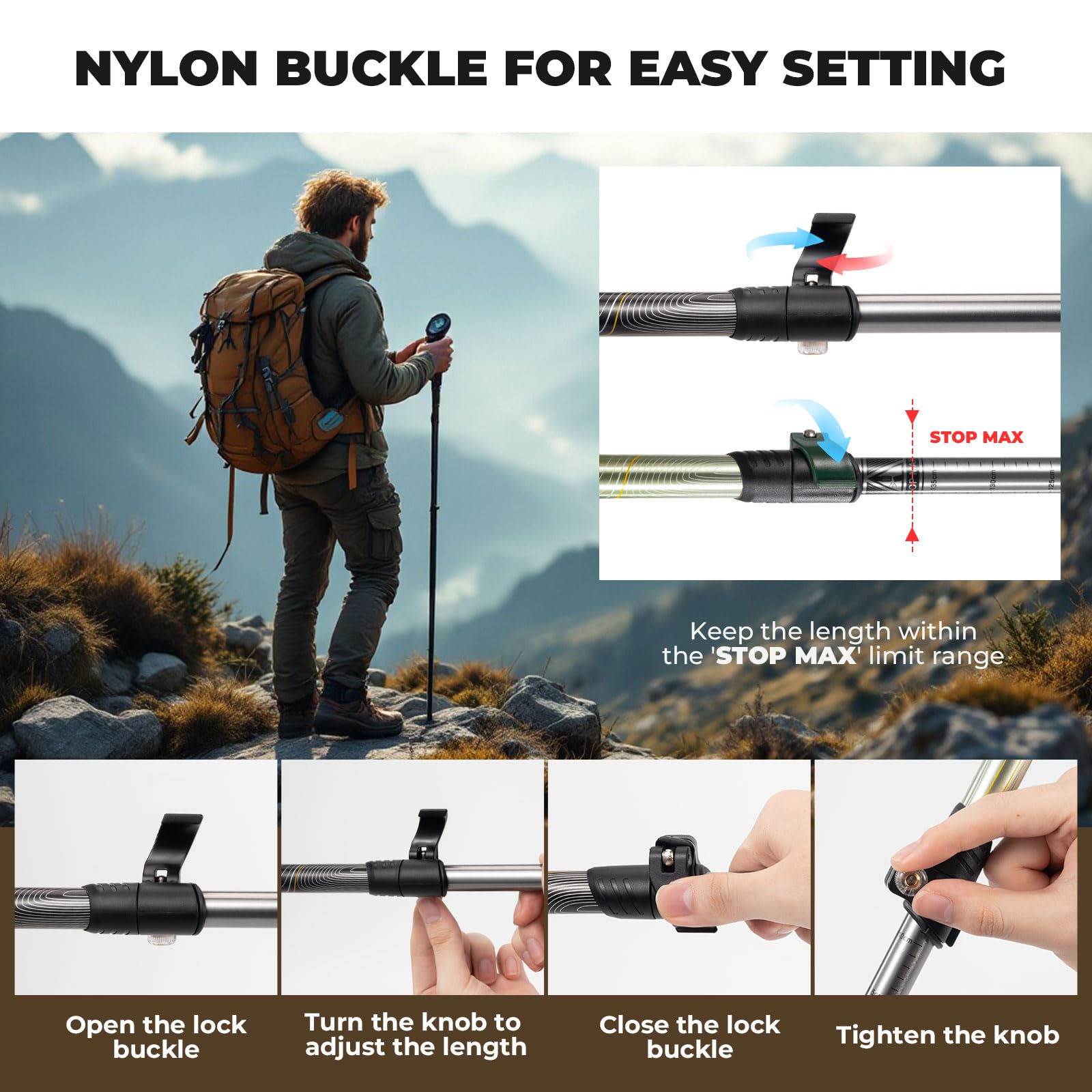 Bâton de Marche Pliable Léger en Aluminium 6061, Équipement de Randonnée Réglable 62–135 cm avec Poignée Antidérapante et Accessoires Tout-Terrain 1 Pièce