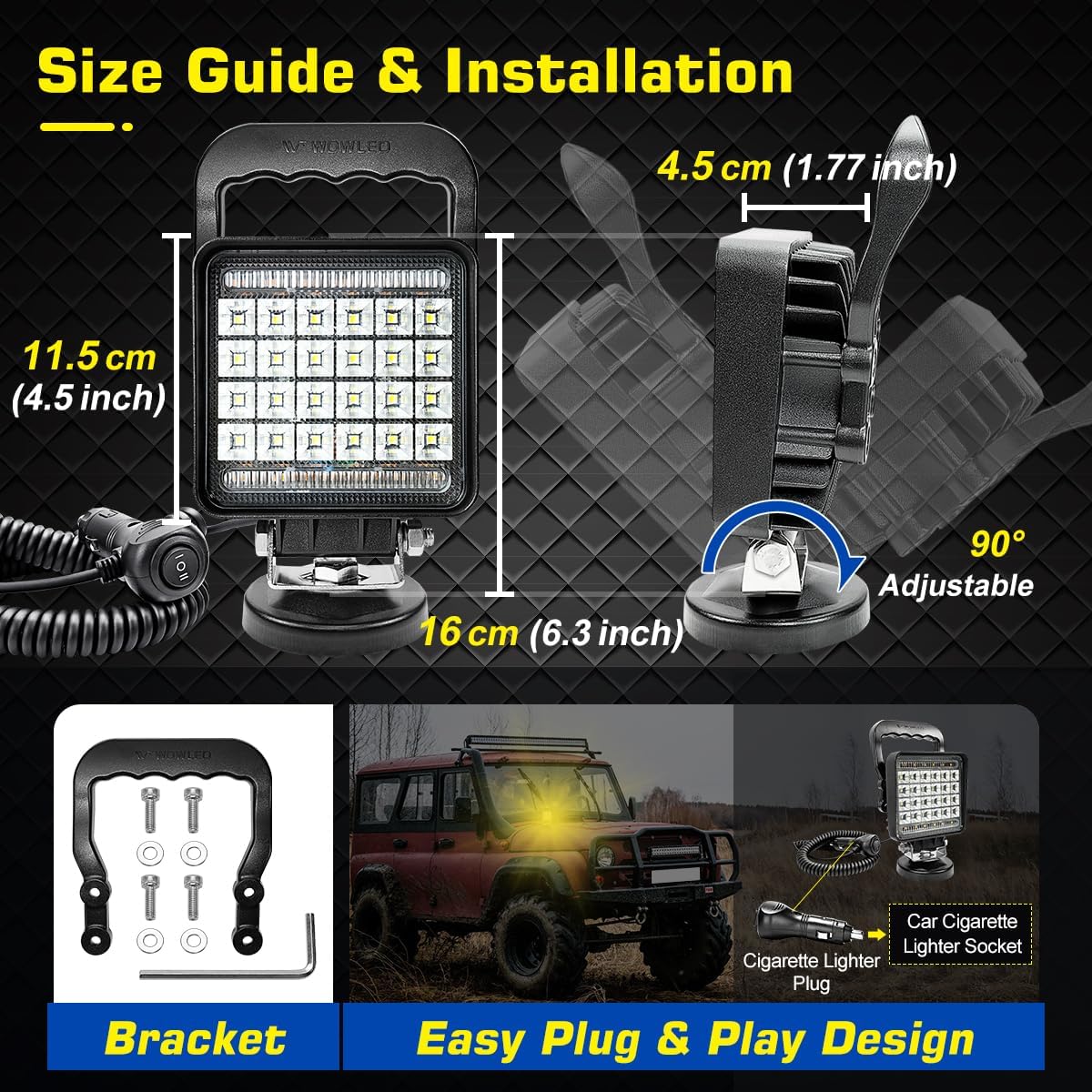 Magnetic Light Bar, Amber & White Dual Color LED Work Light with Magnetic Base, Portable Camping Spotlight, 72W Cigarette Lighter Light, Car Spotlight for Truck Tractor Trailer Lawnmower