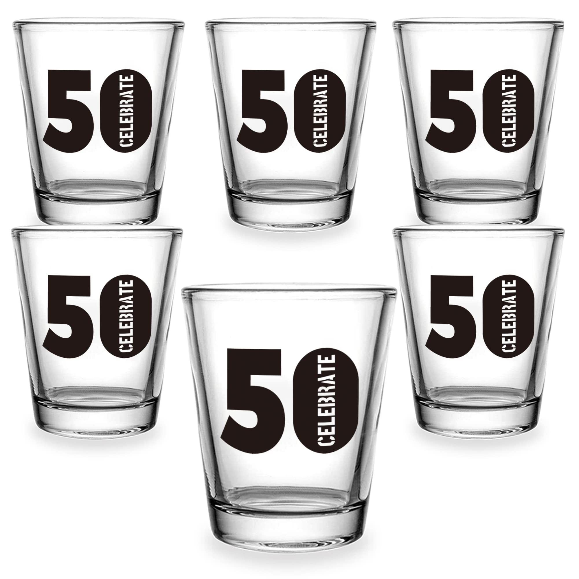 Juego de 6 vasos de chupito de 50 cumpleaños, 1.5 onzas, 50 vasos de chupito transparentes con base pesada, decoraciones de cumpleaños para mujeres, hombres, regalos divertidos de cumpleaños
