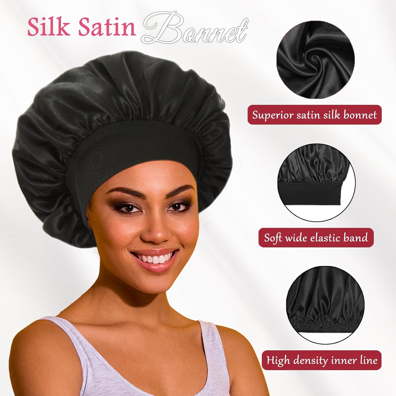 2pcs Satin Bonnets for Women, Silk Hair Bonnet for Sleeping, Wide Soft Band Large Silky Sleep Cap for Curly Hair Braids - Image 2