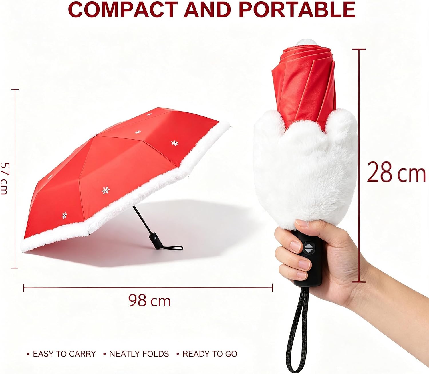 Christmas Automatic Folding Umbrella with Fur Trim & Snowflake Appliques image 5