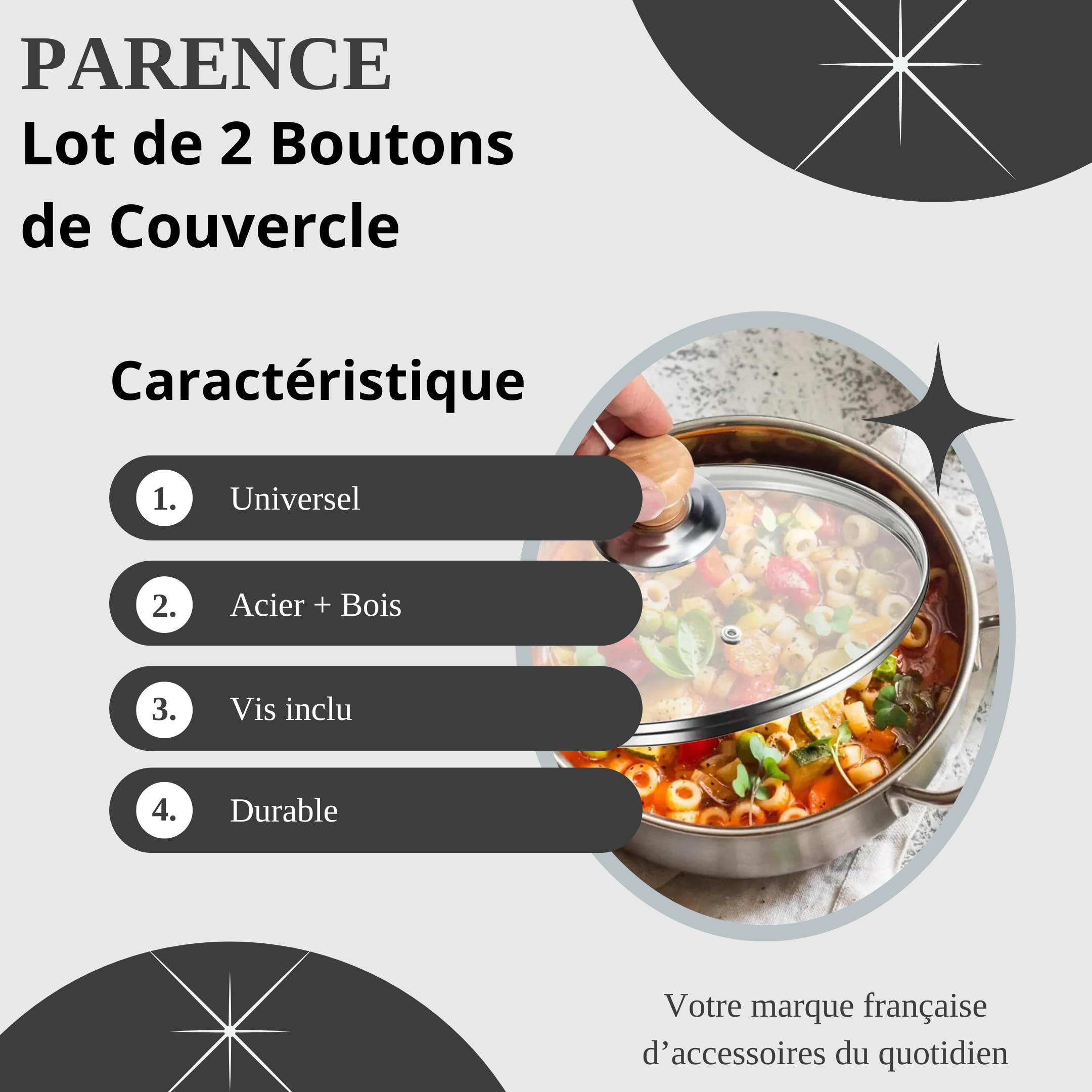 Maniglie Per Coperchi Pentole - Set Di 2 In Legno E Acciaio, Universali, Con Viti Di Montaggio - Foto 8