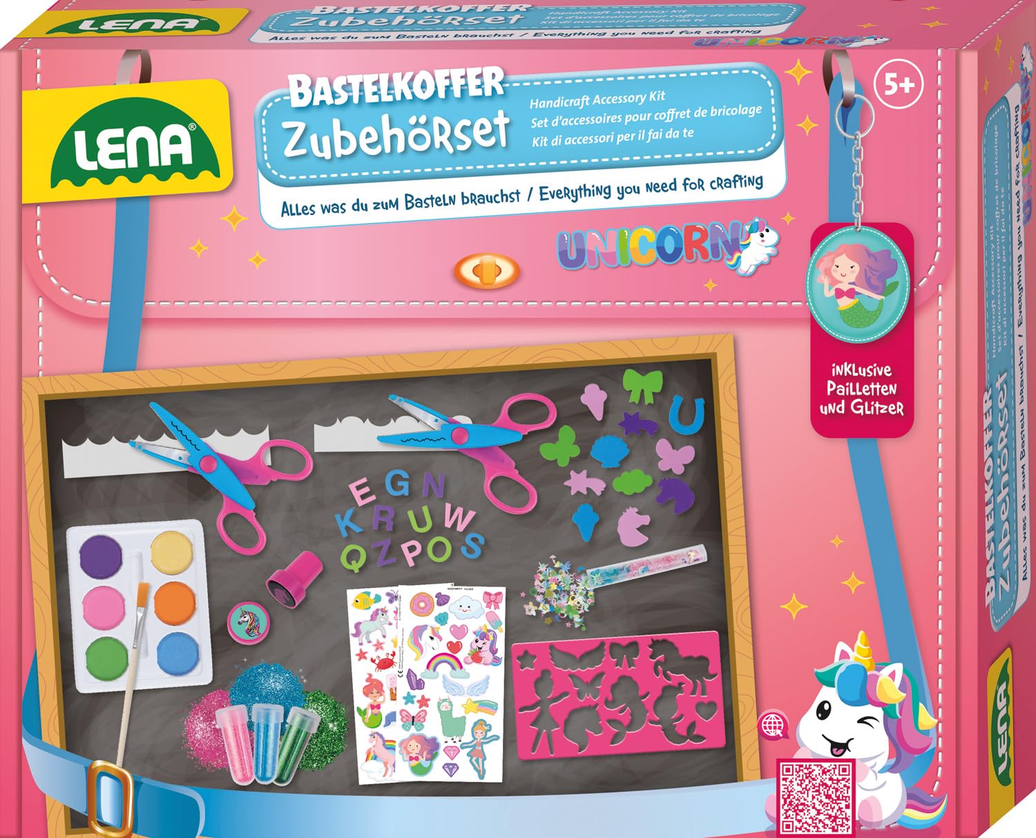 Lena - kit de manualidades juego de accesorios - 350 piezas: Tijeras de contorno, sellos, acuarelas, pinceles, pegatinas, lentejuelas y mucho más - kit de manualidades para niños a partir de 5 años