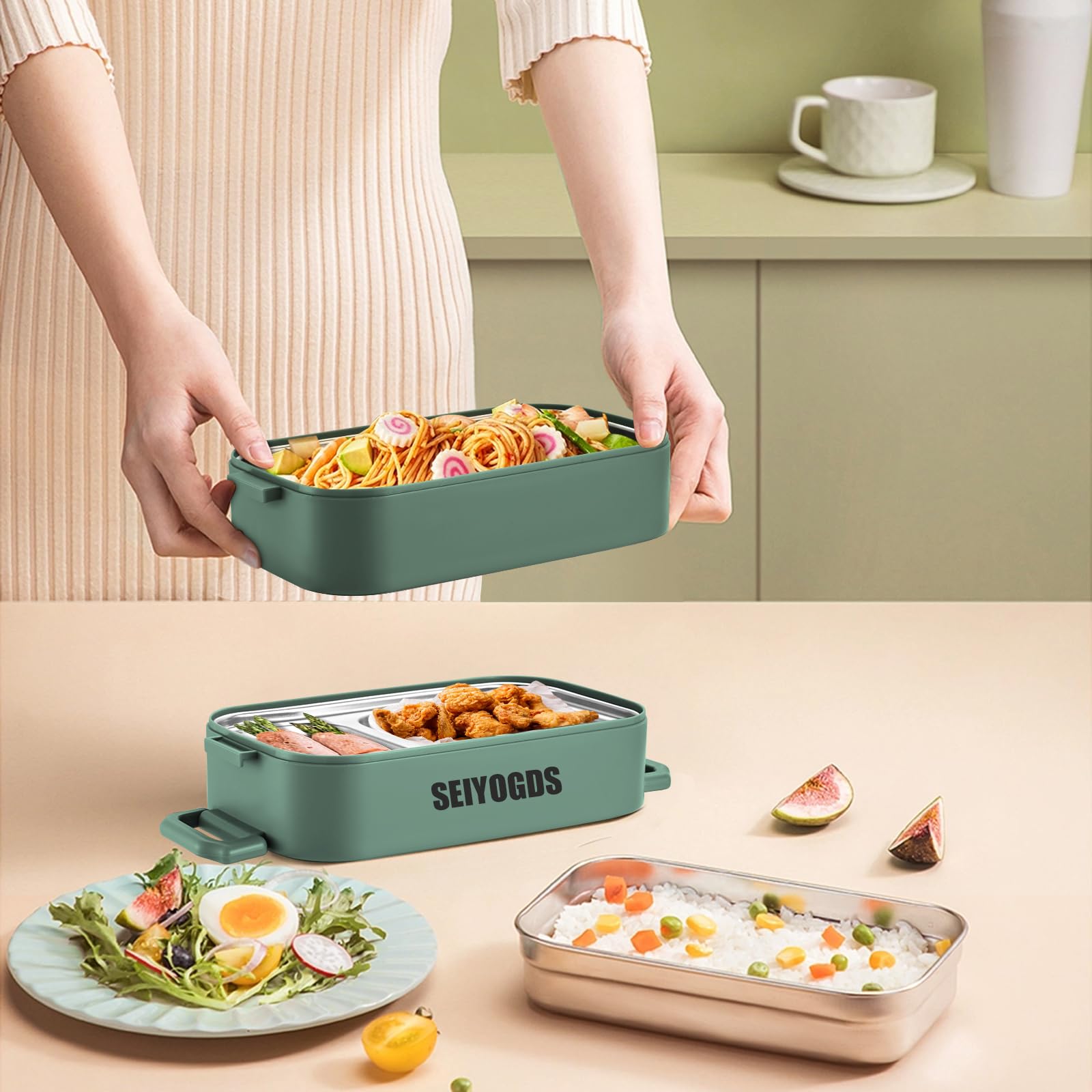 Porta Pranzo Bento Box Ermetico 1300ml - Set Completo Con Posate E Contenitore Salse, Verde, Senza BPA - Foto 5