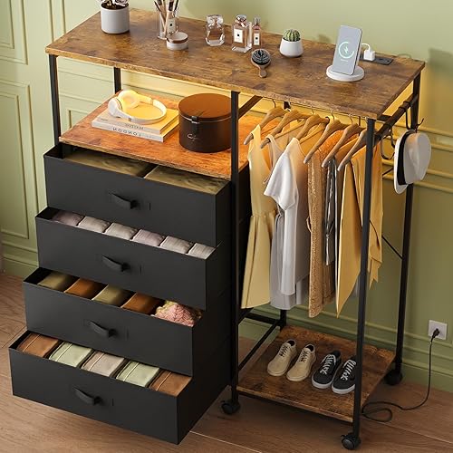 Cómoda para dormitorio con perchero, 4 cajones con estación de carga y luces LED, cómoda de almacenamiento con ruedas, parte superior de madera,