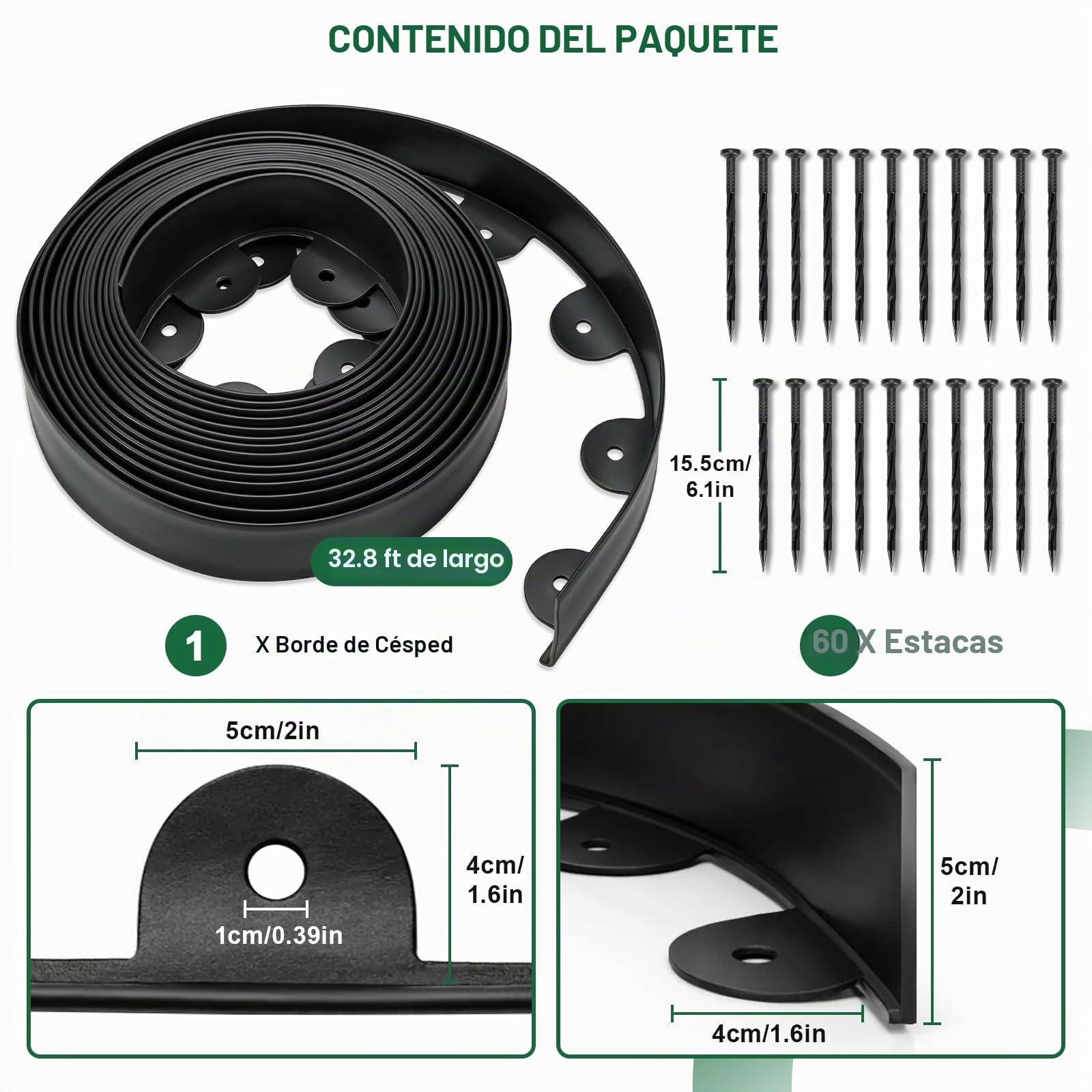 Bordura Jardín Exterior 10 m, Borde Jardín Flexible 5 cm con 60 Clavijas, Bordes de Jardín Exterior de Plástico Negro para Césped, Parterres y Caminos, Fácil de Instalar