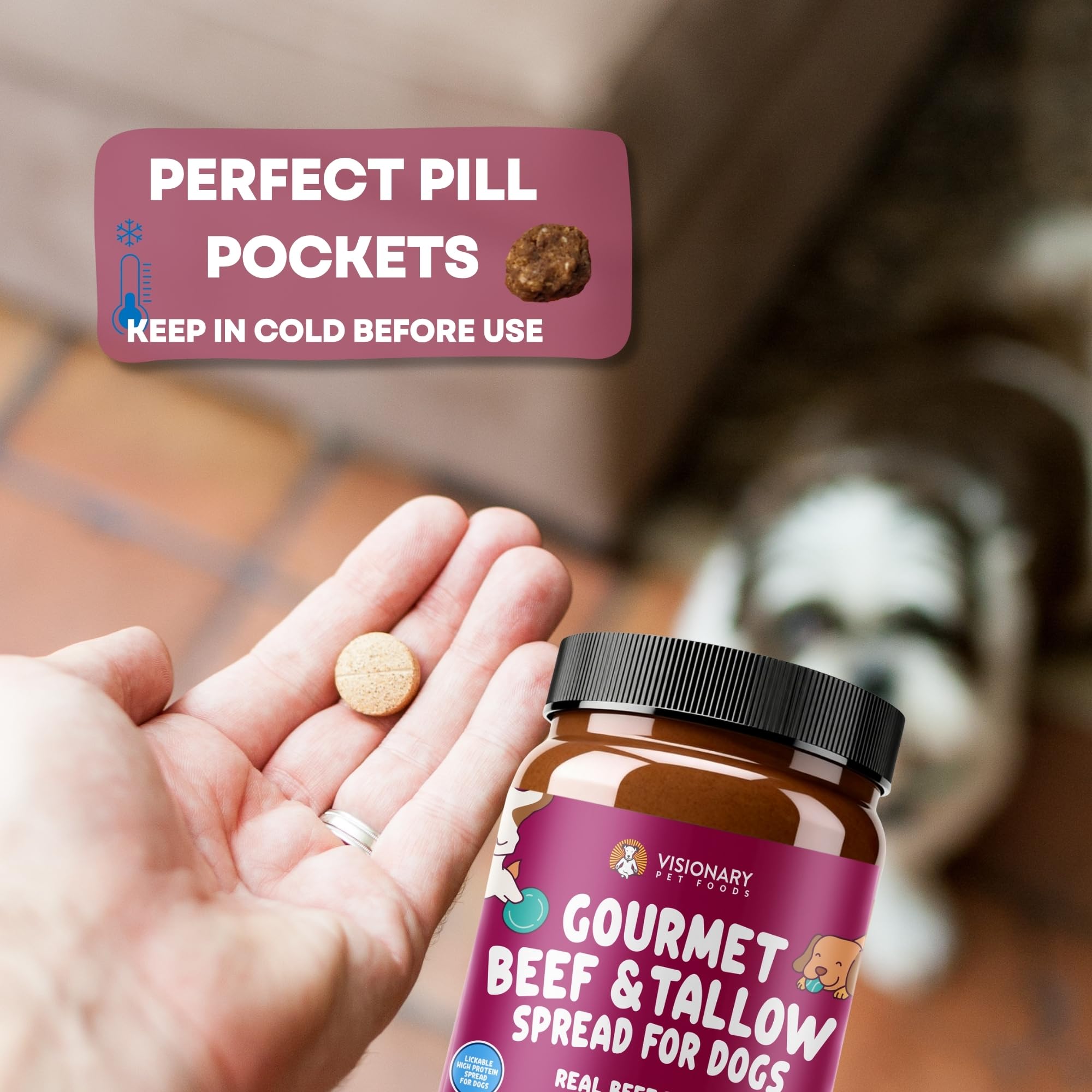 Visionary Pet Foods Beef Meat Spread, Dog Safe and Natural Peanut Butter Alternative - Healthy Digestive Support, No Additives - Lick Mat Treats - 12oz Jar