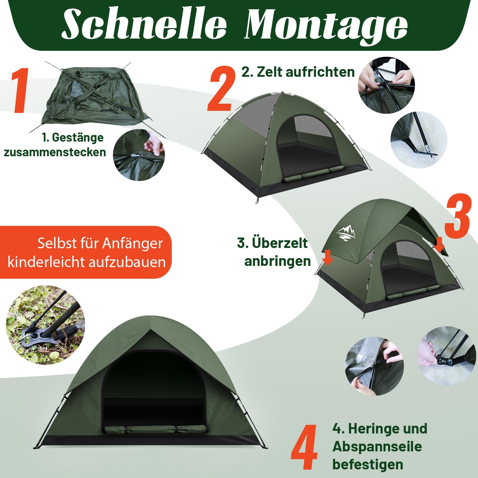 Zelt 2-3 Personen Camping Zelte - Ultraleichte Campingzelt Kuppelzelt Winddicht 3-4 Saison mit Abnehmbarer äußerer Zeltplane, Kleine Packungsgröße, Geeignet für Camping Wandern Backpacking Familien