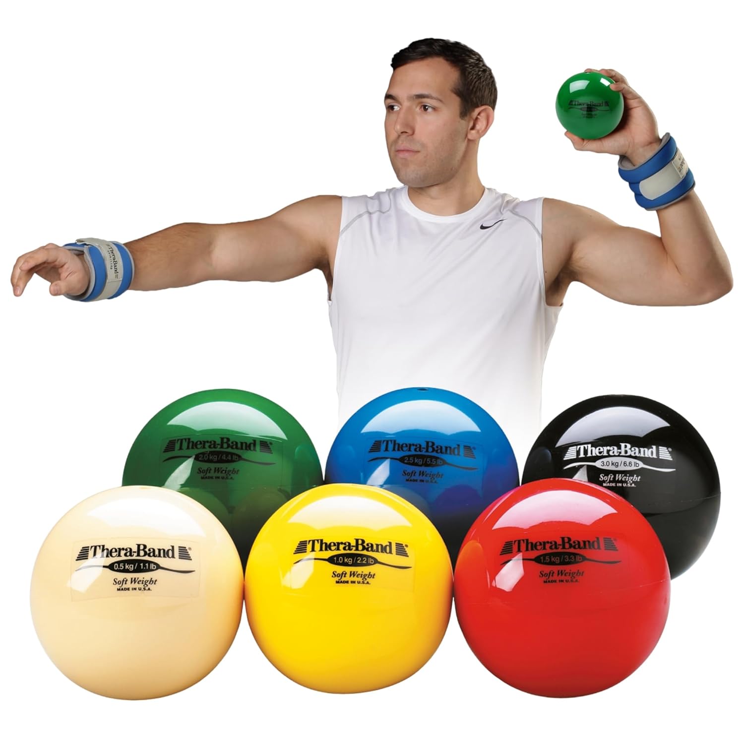 THERABAND Soft Weight, 4.5" Diameter, Weighted Balls for Baseball, Weighted Balls for Softball, Hand Held Ball Shaped Isotonic, Shoulder Strength, Rotator Cuff & Throwing Trainer, Assorted Set of 6